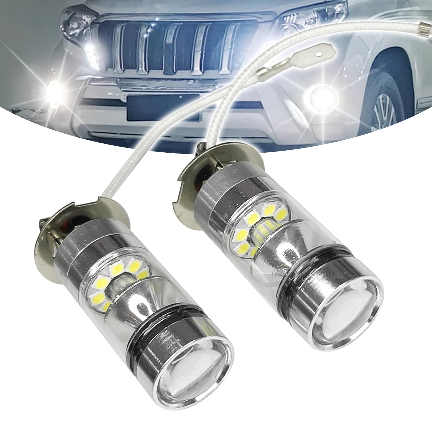 2PCS H3 Led Bulb Low Beam Headlight Bulb, H3 LED Car Fog Light, H3 Led Headlight Bulb 12V 100W Fog Lamp Front Light Daytime Running Lights, Quick Start Plug and Play for Most Vehicles(White)