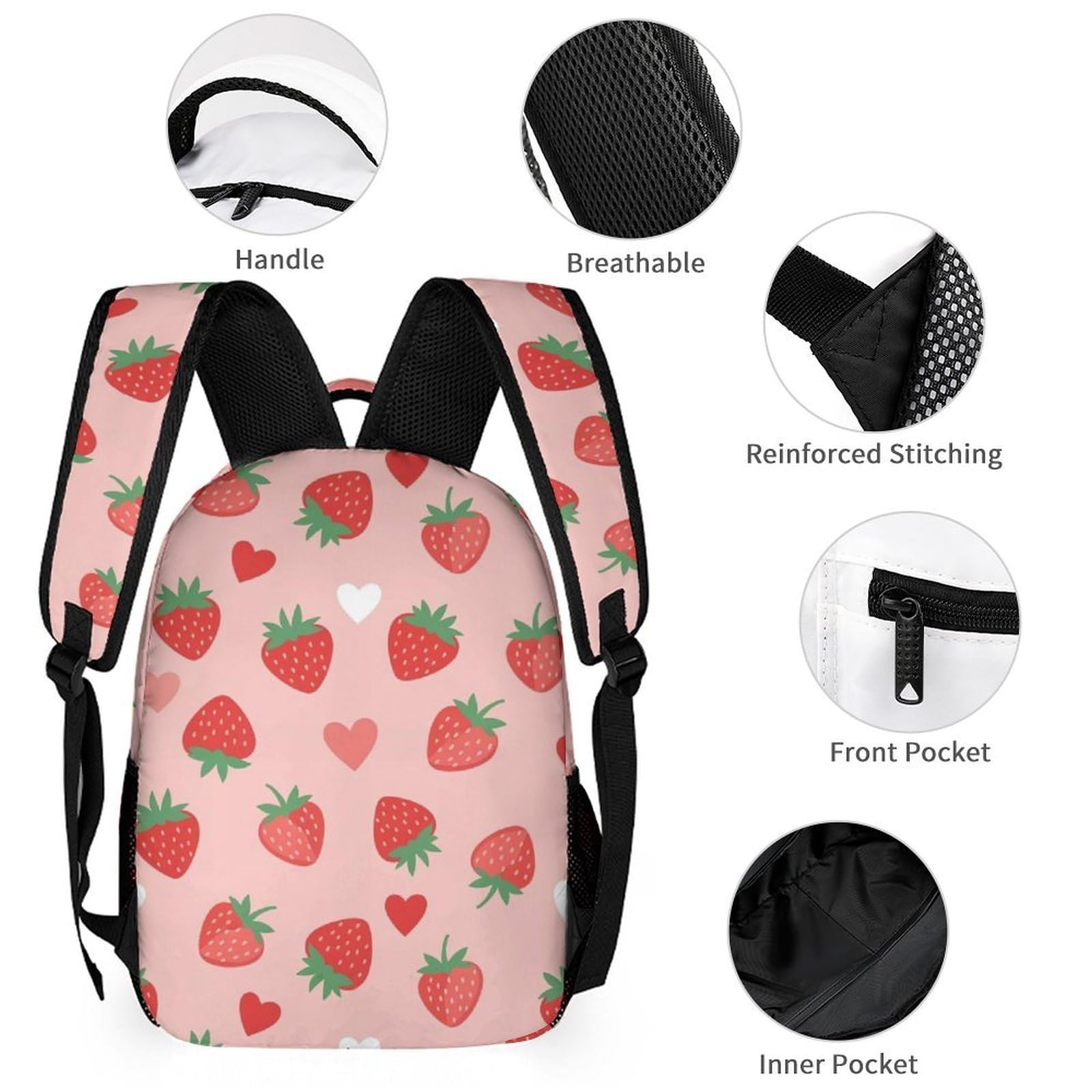Sac à dos avec boîte à lunch, sac de rangement, ensemble cartable fraise et cosmétiques