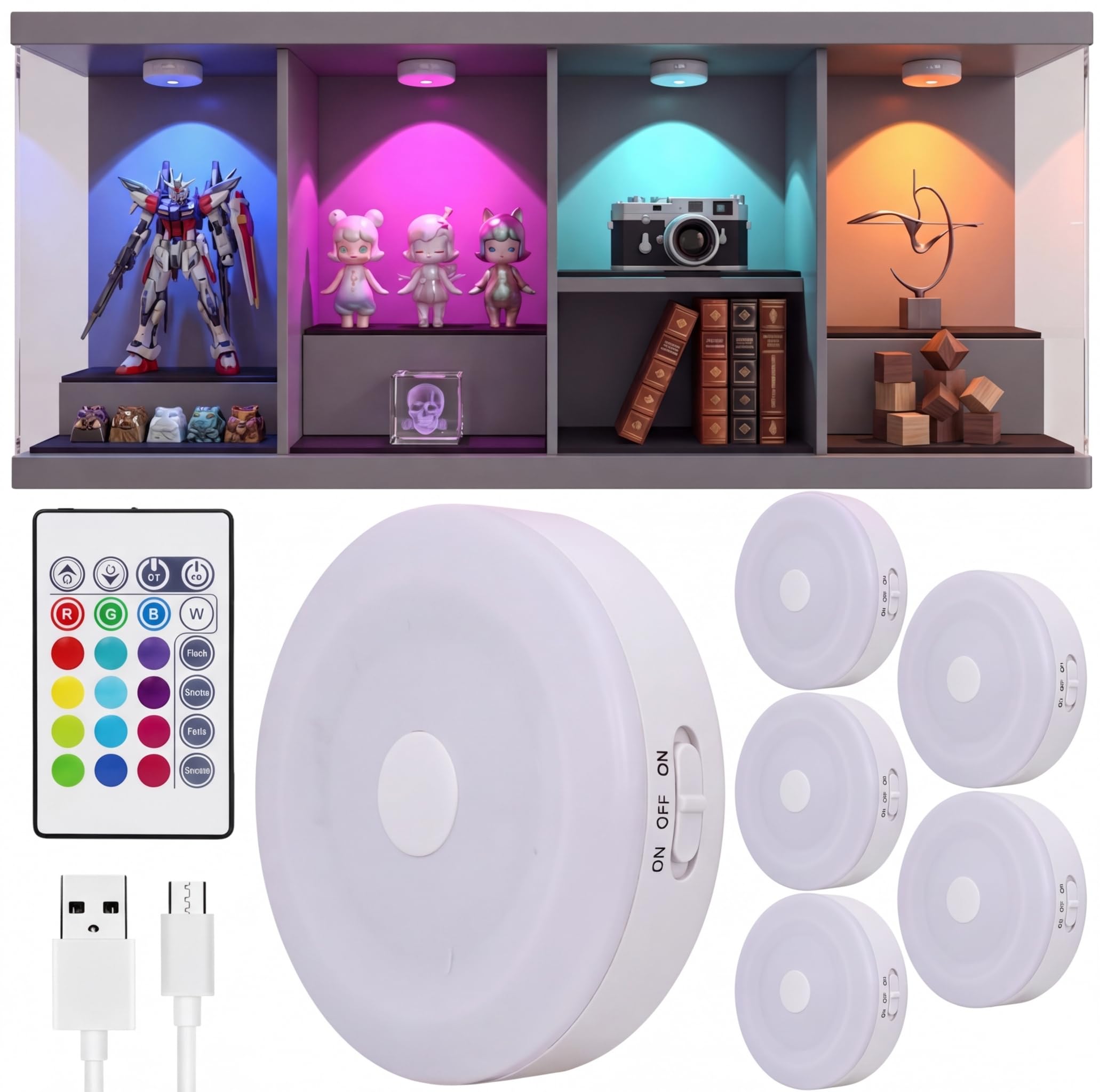 BASON LIGHTING Tap Light, Push Light, LED Puck Lights with Remote, Wireless RGB Rechargeable Puck Light (Manual Control), Night Lights for Closet, Under Cabinet, 6 Pack