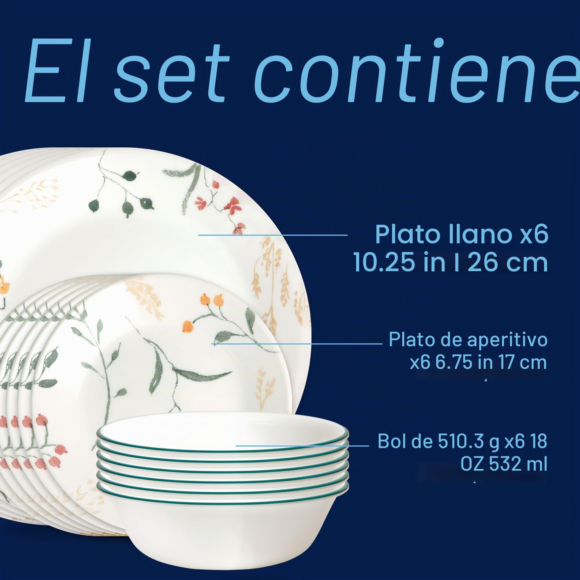 Corelle Vitrelle - Juego de vajilla de vidrio de 18 piezas, servicio para 6, juegos de platos y cuencos de vidrio resistentes a astillas y grietas, flores silvestres