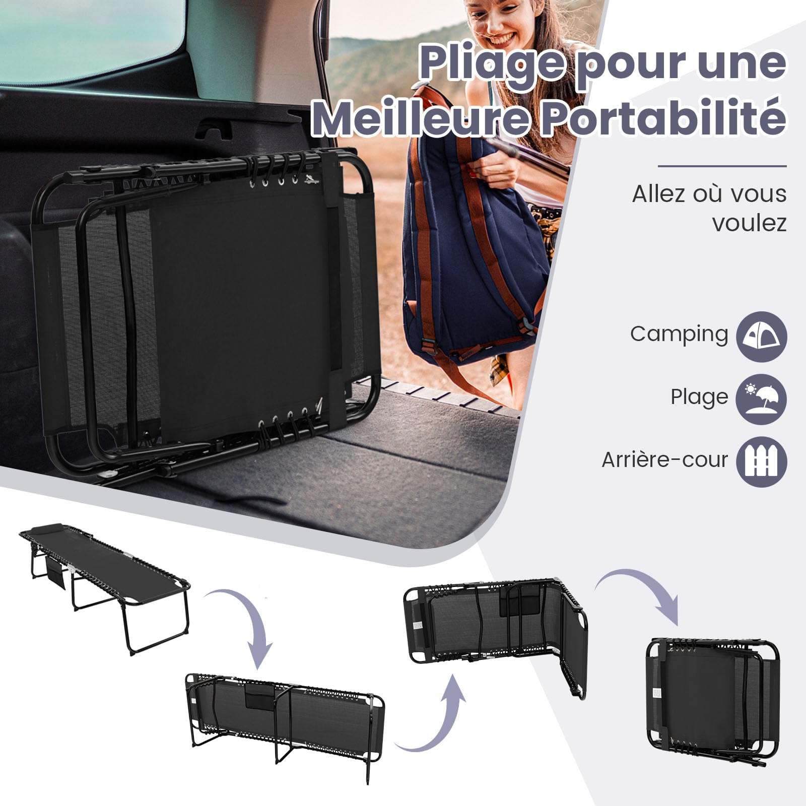 GYMAX Transat Extérieur pour Jardin, Chaise Longue Pliante avec Dossier et Repose-Pieds Réglables, Oreiller Amovible, Poche, pour Bain de Soleil, pour Piscine, Plage, Camping (Noir)
