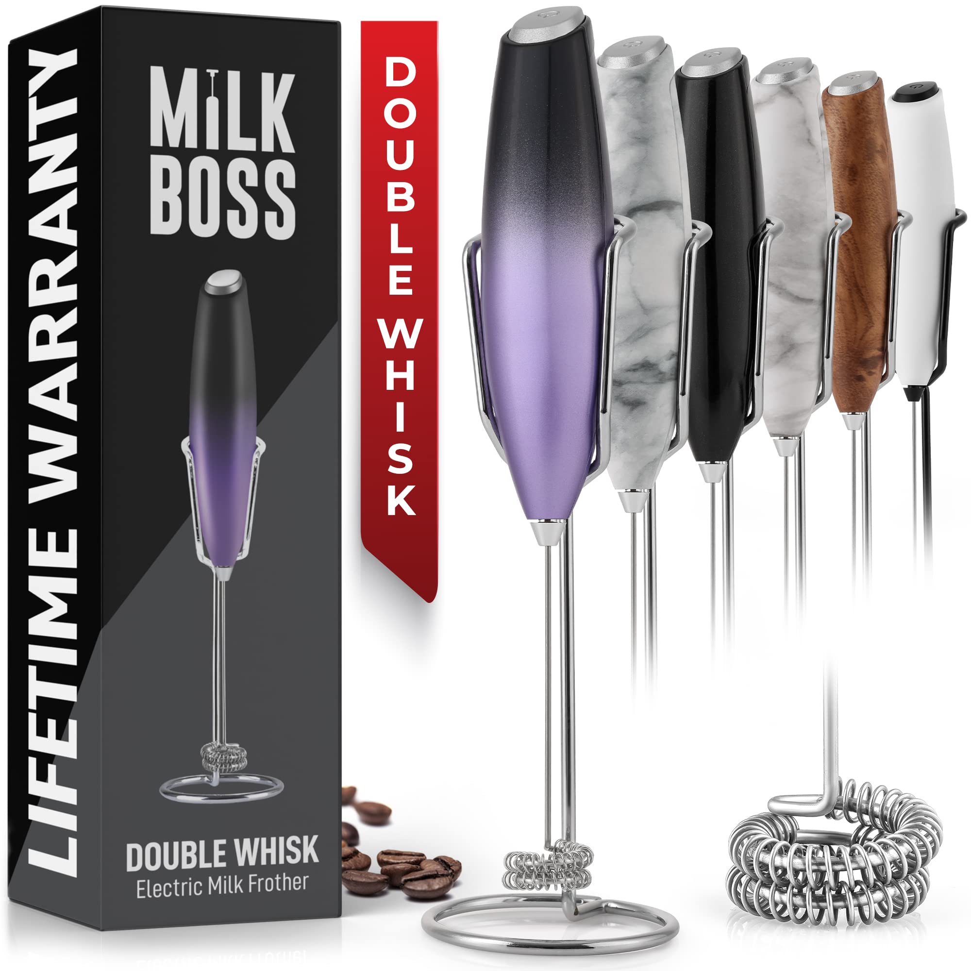 Milk BossDouble Whisk Milk Frother for Coffee With Upgraded Holster Stand - Coffee Frother Handheld - Electric Handheld Foam Maker - Hand Mixer for Latte, Matcha - Electric Whisk (Galaxy)…