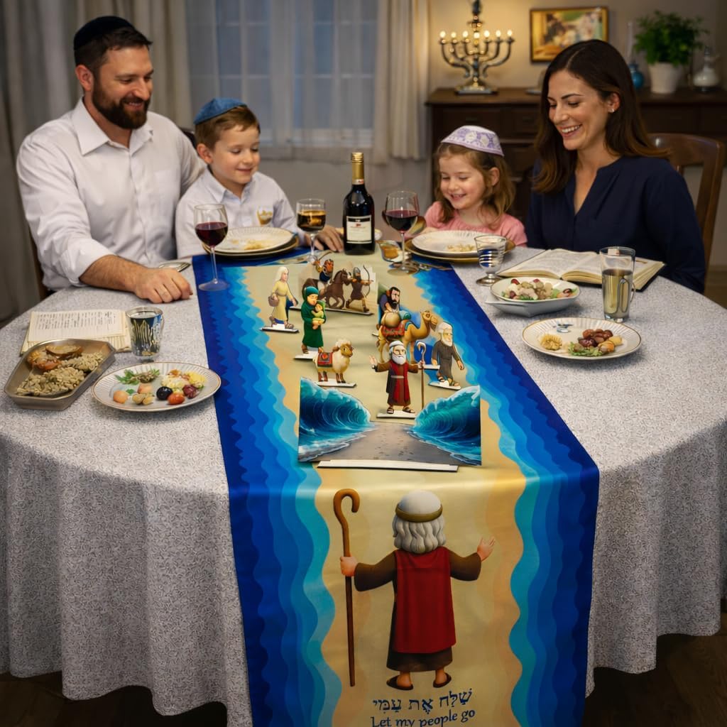 Passover Decorations Set – 9PCS Double-Sided Wooden Passover Figurines with Thick Base, Red Sea Scene Centerpiece & 88 Inch Thickened Table Runner, Passover Seder Table Decor