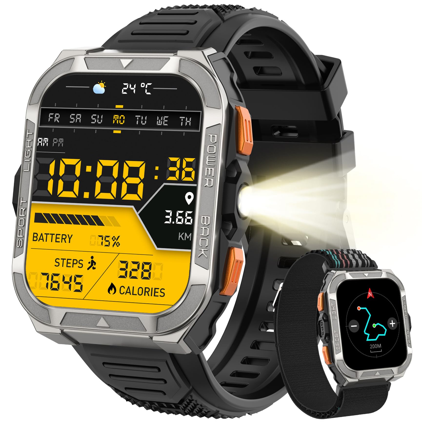 Blackview Smartwatch Herren mit 900mAh, Bluetooth-Anrufe/Kompass/LED-Beleuchtung/2 Armbänder (Silikon/Nylon), Sportuhr mit Puls-Schlaf-Schritte-Kalorien-Kilometer-Monitor, Fitnessuhr für Android iOS