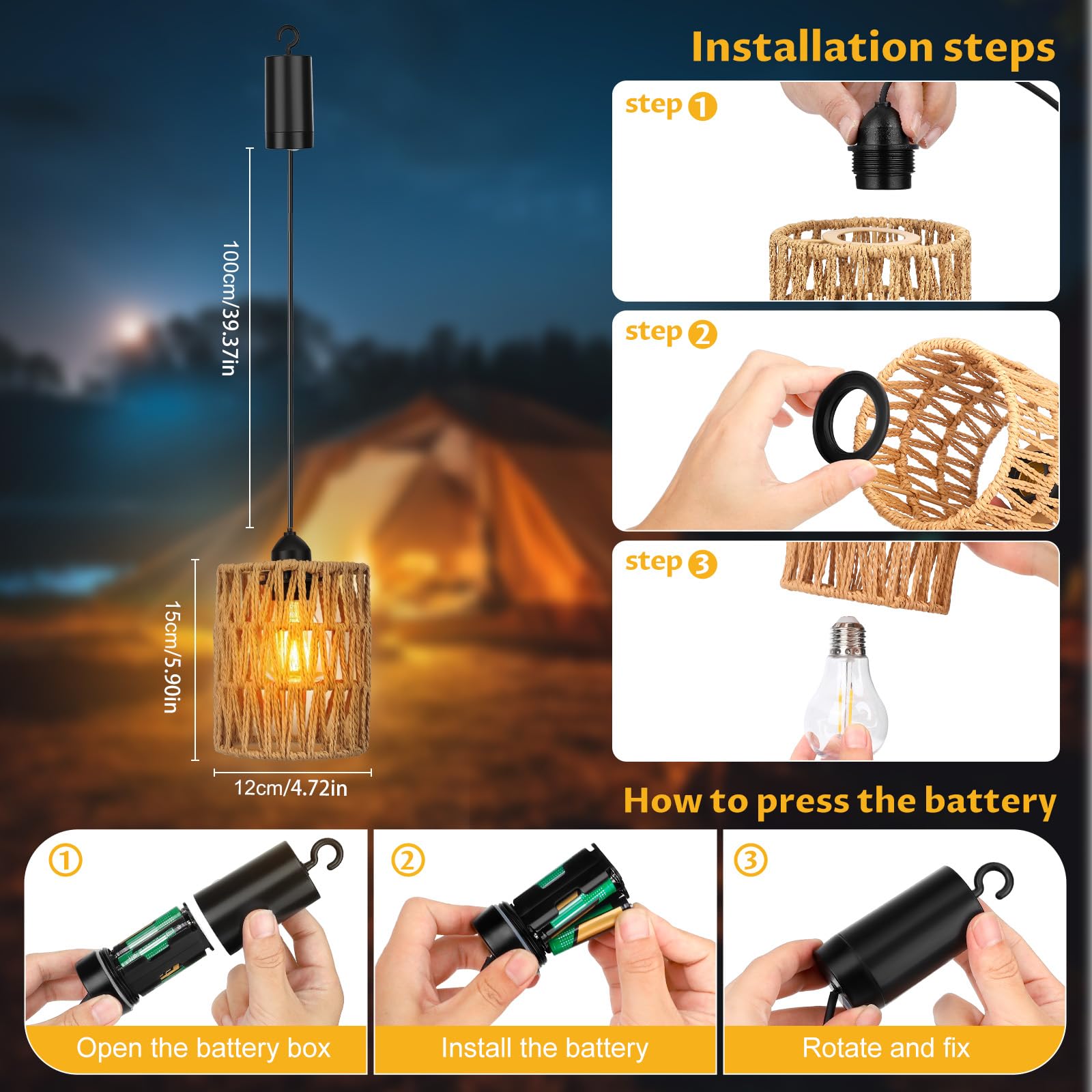 Rattan Hängelampe mit Batterie 3pcs, E27 Retro Pendelleuchte mit Dimmbar Schalter, Vintage akku Hängelampe, Boho Lampe, Indoor/Outdoor Hängeleuchte für Schlafzimmer Foyer Balkon