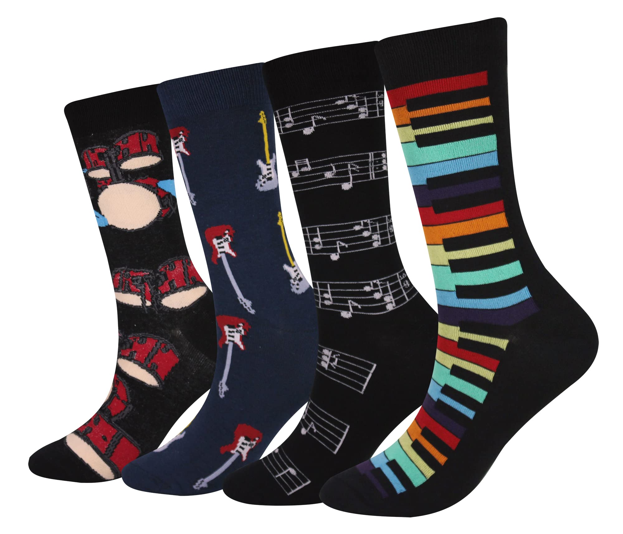 Cansok Men's Musical Instruments Socks Funky Novelty Dress Crew Socks (Music Guitar Musical Notation Drum Set Piano - 4 Pairs)