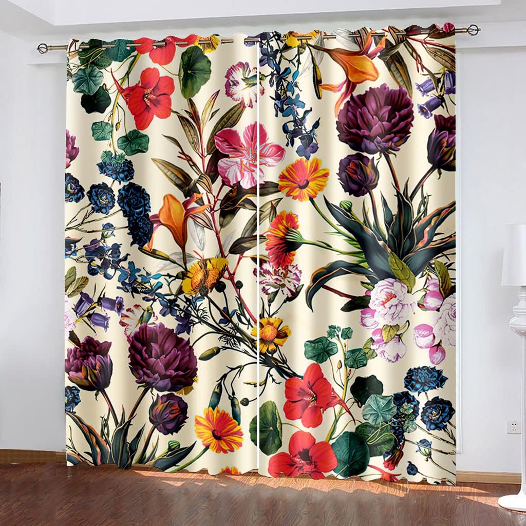 YELDAN Flower Curtains, Colorful Blackout Curtains for Living Room Bedroom, Thermal Insulated Grommet Drapes, Decorative Patterned Window Treatments, 96 Inch Length 2 Panels