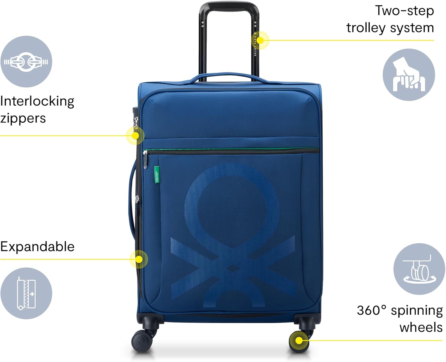 United Colors of Benetton Color Block Softside Expandable Luggage with Spinner Wheels, Navy, Checked-Medium 23 Inch