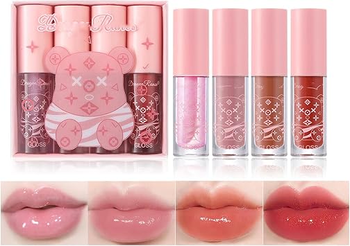 4Packs Lip Oil and Lip Gloss Set, Lip Oil Hydrating Non-sticky Lip Glow Oil Tinted Clear Lip Plumper Moisturizing Lipgloss Set Gift For Women and Teenage Girl Nude Pink, One Size