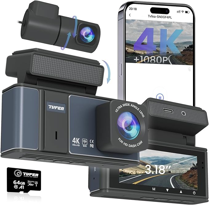 Dashcam Front and Rear Camera,TVFEA Dash cam 4K,Dual Dash Camera for Cars with W