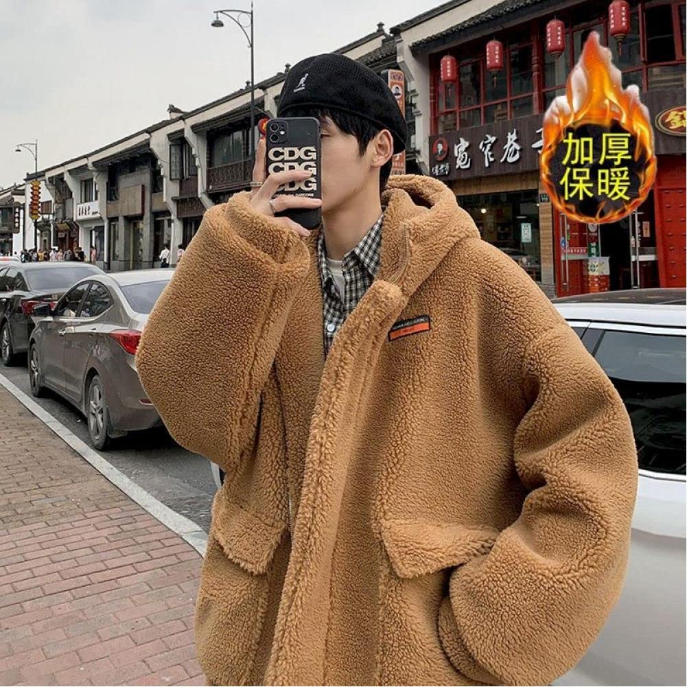 Men Oversized Hoodie Lamb Wool Coat Men'S Plus Velvet Thick Winter