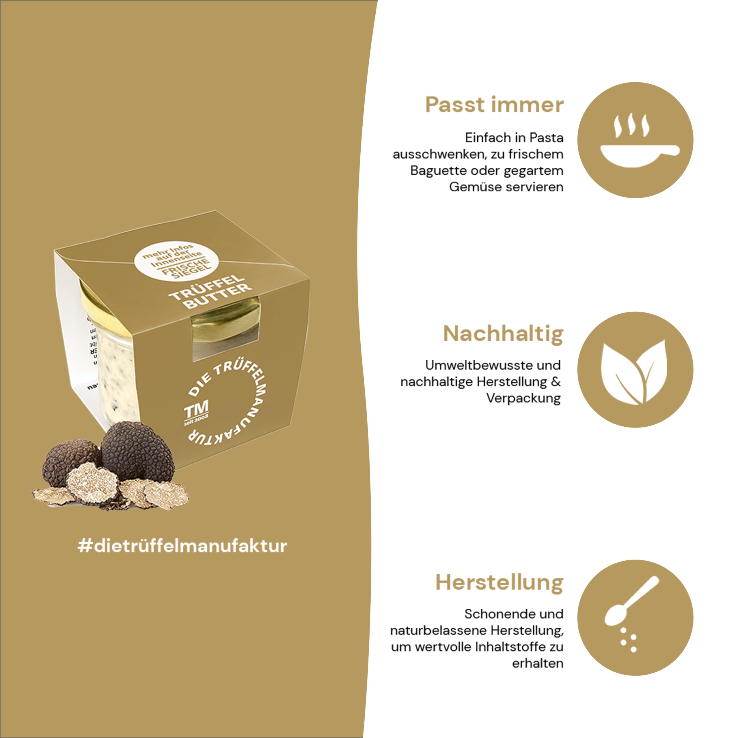 Die Trüffelmanufaktur - Feinkost Trüffelbutter mit 15% echtem frischen schwarzem Trüffel, die Delikatesse für Feinschmecker, weiße Trueffel-Butter im Glas á 95 g