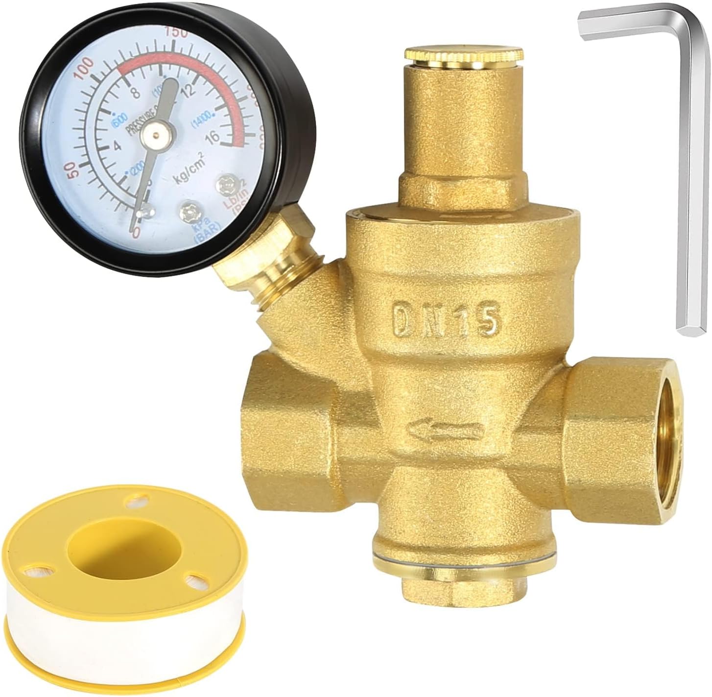 Water Pressure Regulator 1/2 inch with Gauge, Made of 100% High Hardness Brass, Adjustable Water Pressure Reducing Valve Water