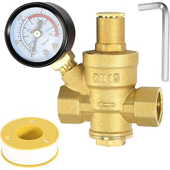 Pressure Regulator Water 1/2 Inch DN15 with Pressure Gauge Made of 100% High Hardness Brass Adjustable Pressure Regulator for Water Pressure Relief Valve Water Pressure Regulator Water Pressure Regulator Boiler