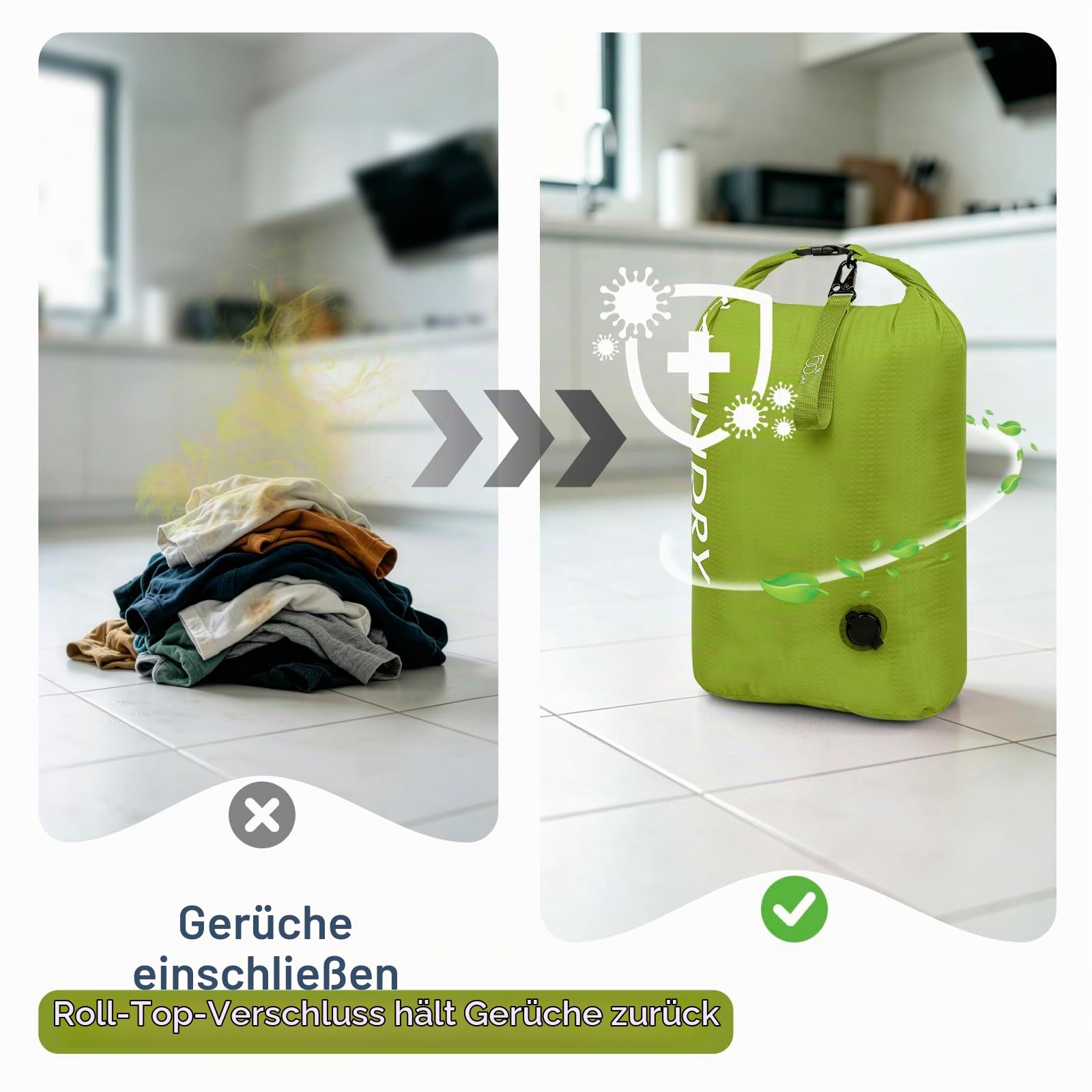 WiseBoy Wäschesack Reise 2er Set, Kompressions-Schmutzwäschebeutel | Wasserdichter Wäschebeutel mit Rollverschluss, Nass- & Trockenfunktion, Platzsparend Laundry Bag. Für Gym, Schwimmen, Reise.