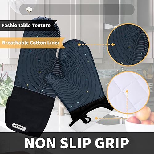 Miniatura 5 de Dorkuova Guantes de horno de silicona, guantes forrados de algodón, sin BPA, guantes largos de cocina y salvamanteles, juego de guantes de horno