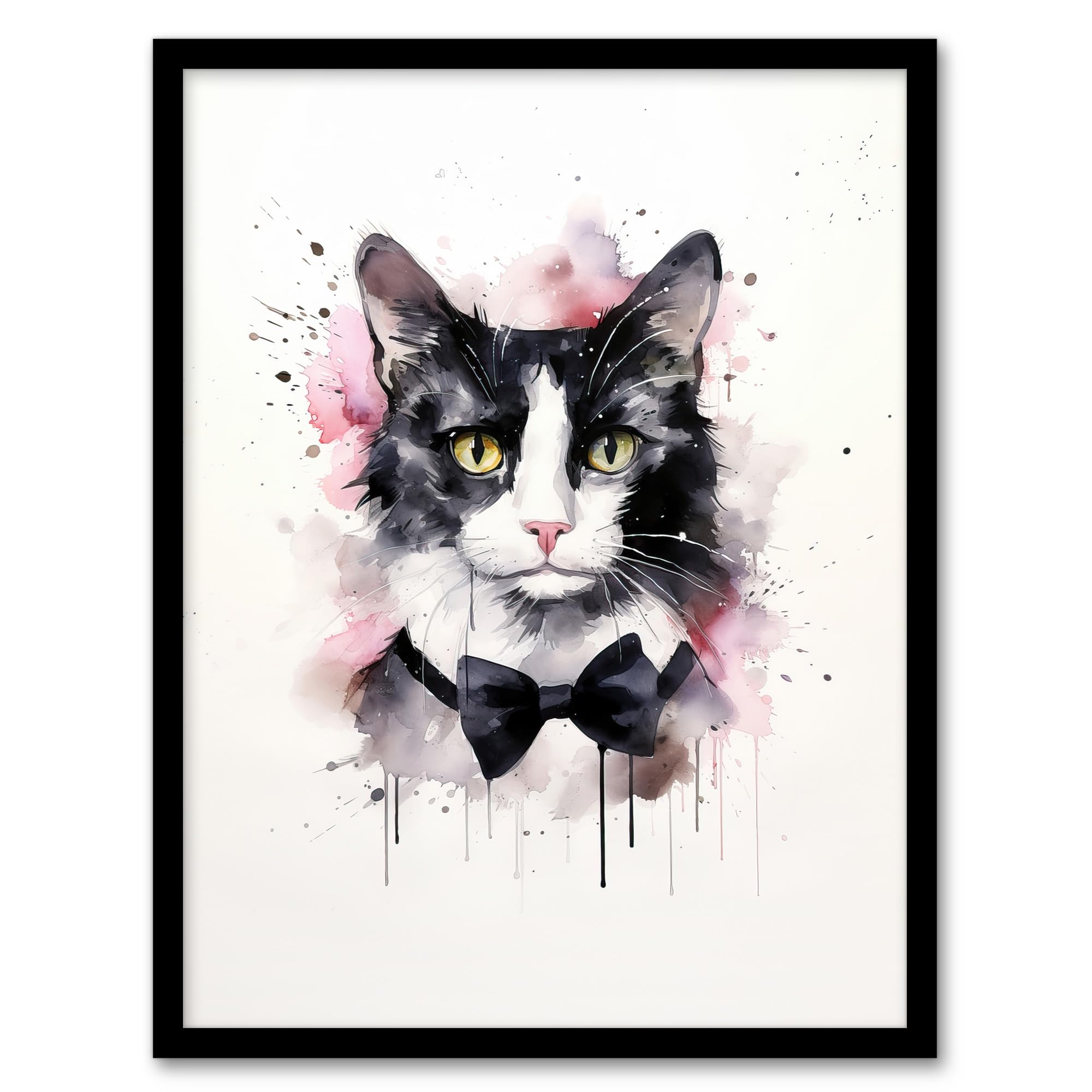 Artery8 Tuxedo Cat Lovers Gift Watercolour Pet Portrait Painting Artwork Artwork Framed Wall Art Print 18X24 Inch