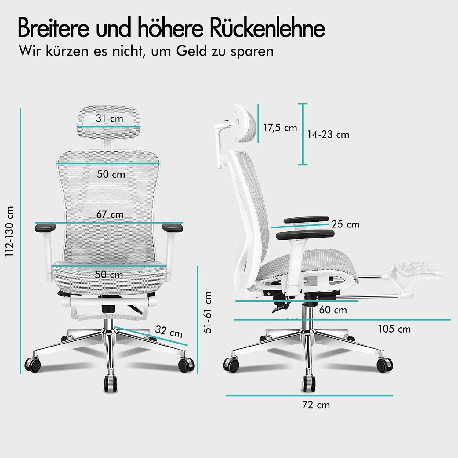 Detailed dimensions of the ALFORDSON ergonomic mesh office chair, showing height, width, and depth measurements.