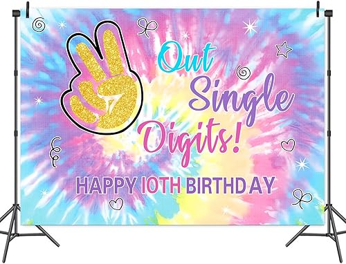 Miniatura 2 de Out - Telón de fondo de un solo dígito de feliz cumpleaños número 10, arco iris, teñido anudado, fondo de fotografía para niñas, decoración de