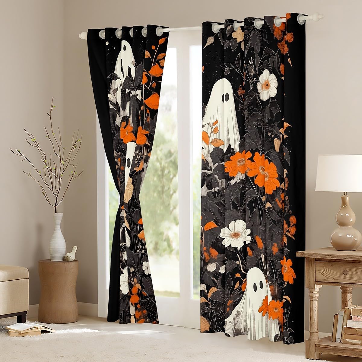Halloween Ghost Window Curtain,Cute Ghost Daisy Curtains,Kids Girls Boys Room Decor,Watercolor Autumn Pumpkin Lantern Window Treatment Curtain Vintage Rustic Style Window Drapes,2 Panels,52Wx96L