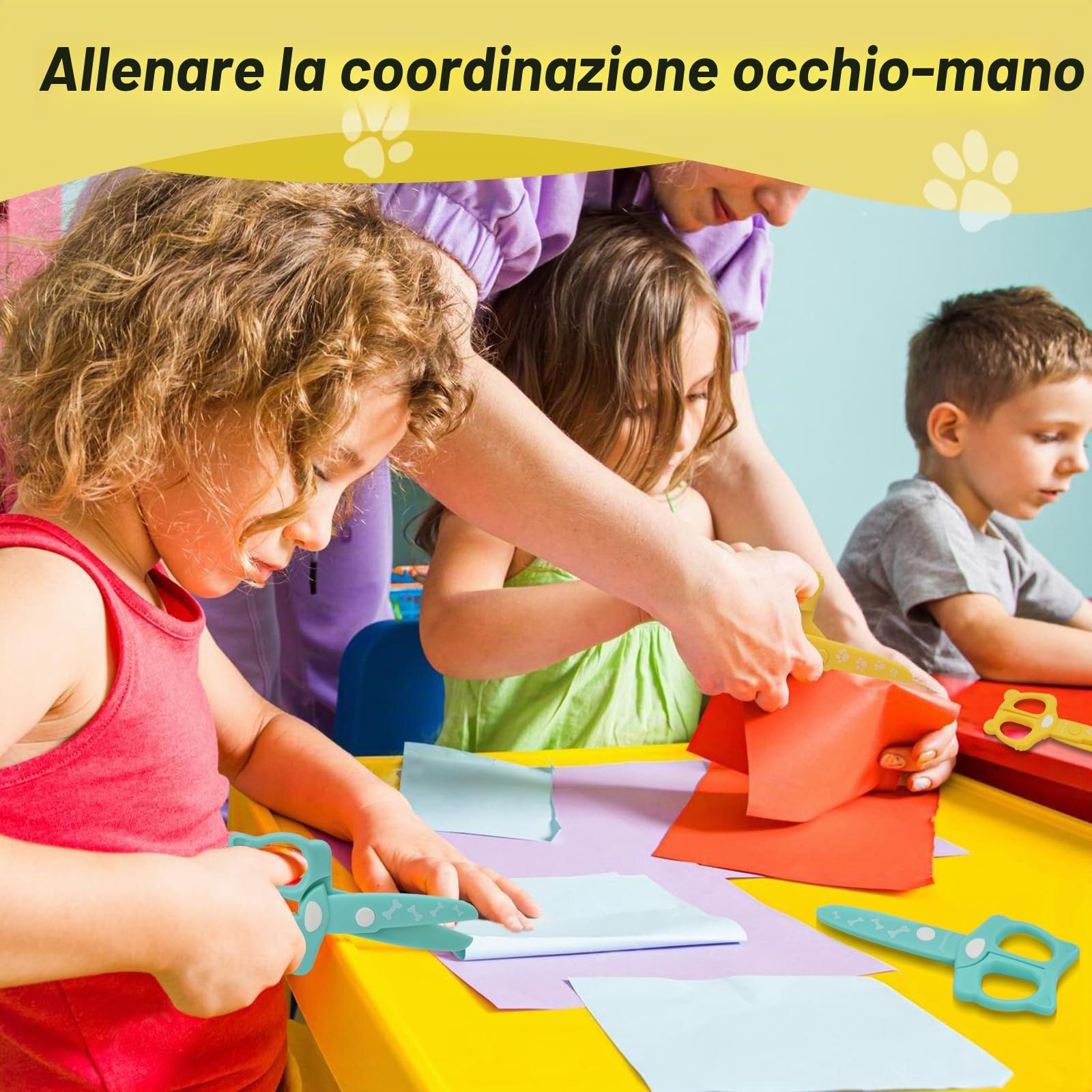 DealKits Set Taglio Carta per Bambini, 2 Forbici Sicurezza + 48 Fogli, Attività Didattica Creativa per Asilo e Scuola Materna - Giocattolo Educativo