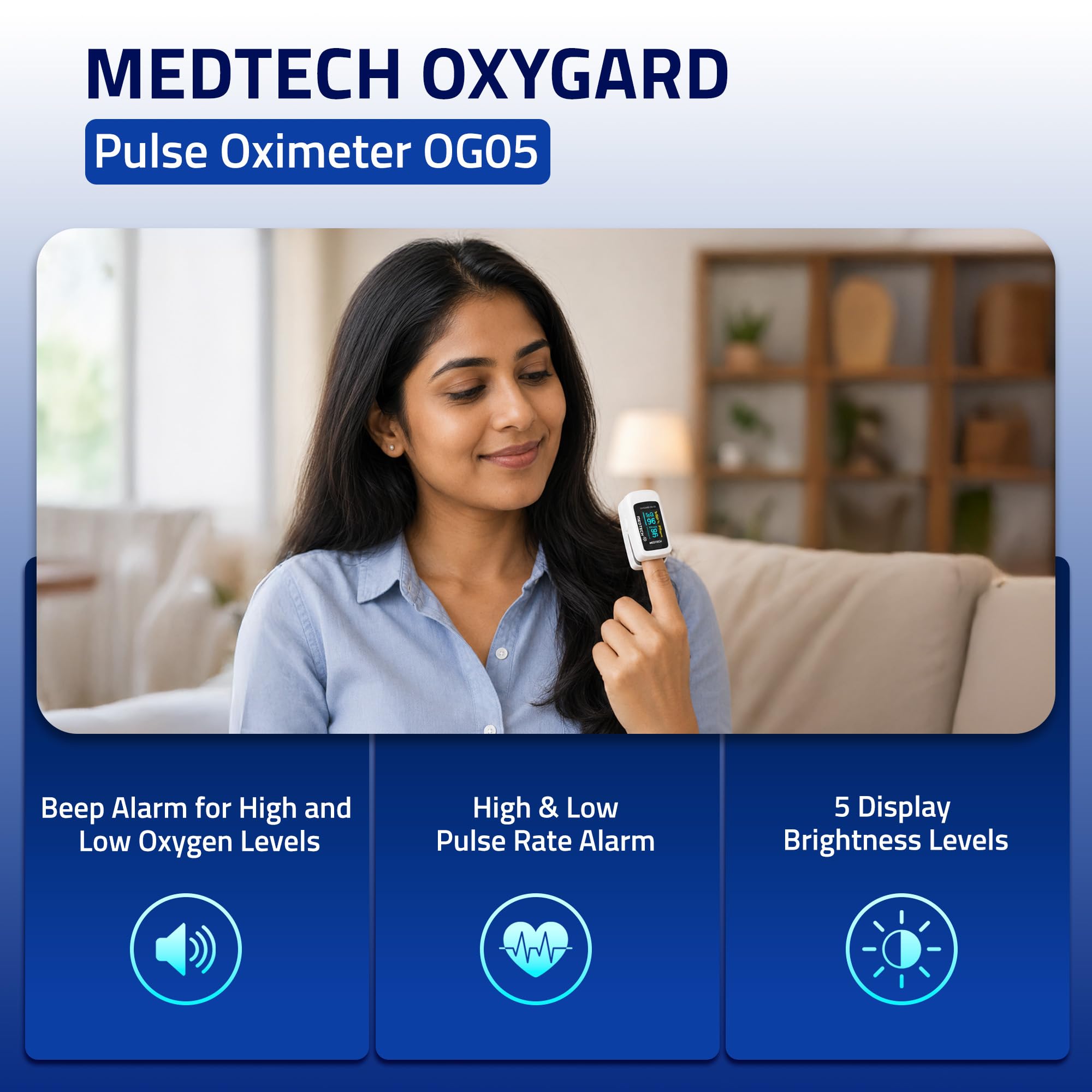 Medtech OG05 - Fingertip Pulse Oximeter | Blood Oxygen Saturation and Heart Rate Monitor | SpO2 Oxygen Meter | Finger Pulse oximeter | 4 Parameters - Perfusion Index, Respiratory Rate, Oxygen Level and Pulse Rate | High Accuracy | 12 Months Warranty 1
