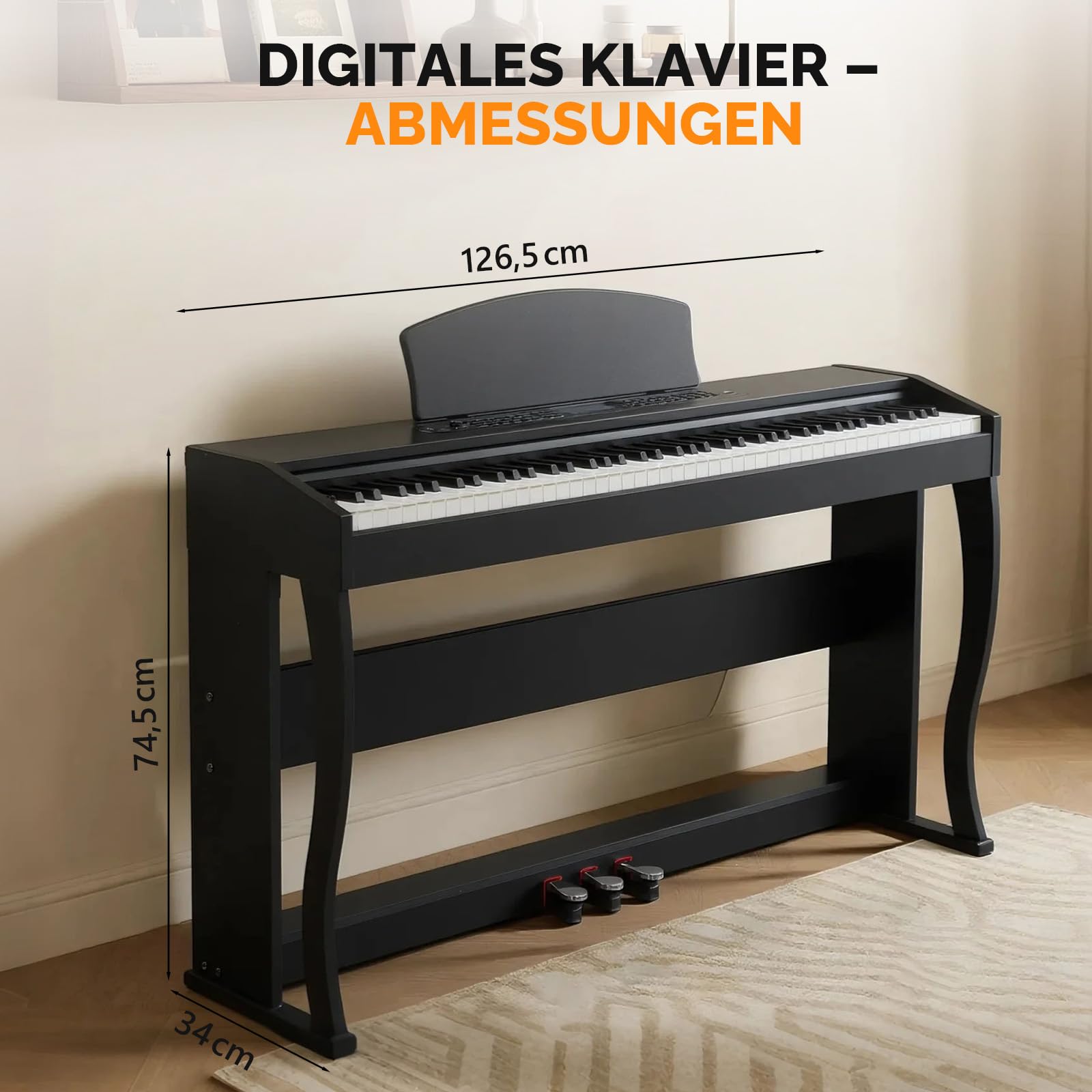 Bonnlo Digitalpiano mit 88 gewichteten Tasten, E-Piano Keyboard mit 3-Pedal-Einheit für Anfänger, MIDI-USB, Doppel-Bluetooth, LCD-Display, Stereolautsprechern, 800 Klänge und 200 Rhythmen, Schwarz