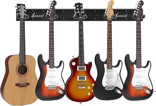 5 Guitar Wall Mount Hangers Heavy Duty Aluminum Display Rack, Adjustable Hook for Guitar/Bass/Ukulele, Space Saving Stand for Home Studio Garage Black
