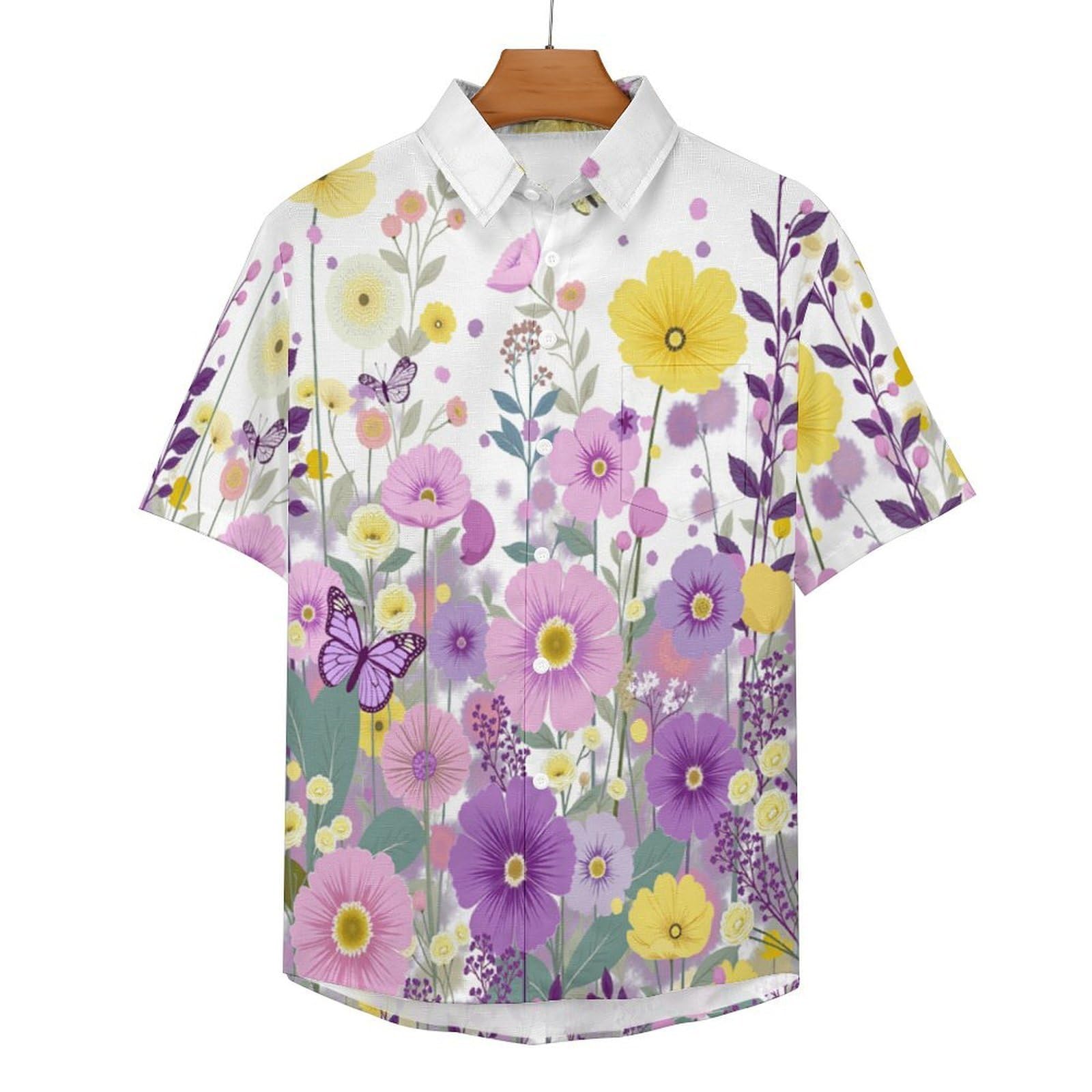 Camicie da Uomo a Maniche Corte con Stampa della Fiori Selvatici in Fiore Fiori Primaverili, Casual Leggere Bottoni Camicia con Tasca Frontale, per Vacanze Spiaggia Estate