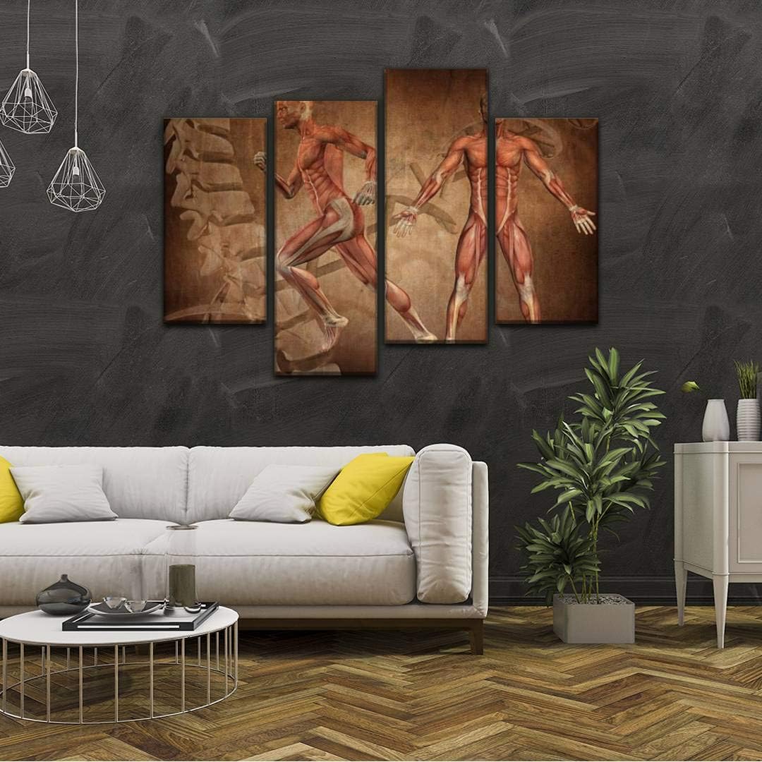 HIPOLOTUS 4 Panel Canvas Pictures Grunge style medical figure Wall Art Prints Paintings Stretched & Framed Poster Home Living Room Decoration Ready to Hang