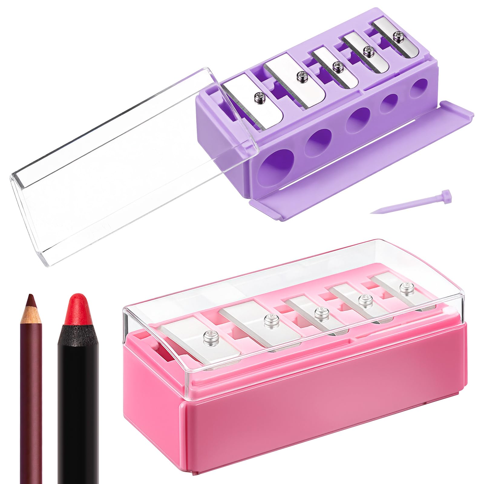 Honoson 2 Pcs 5 Hole Eye Pencil Sharpener with Lid for Makeup, Pink Purple