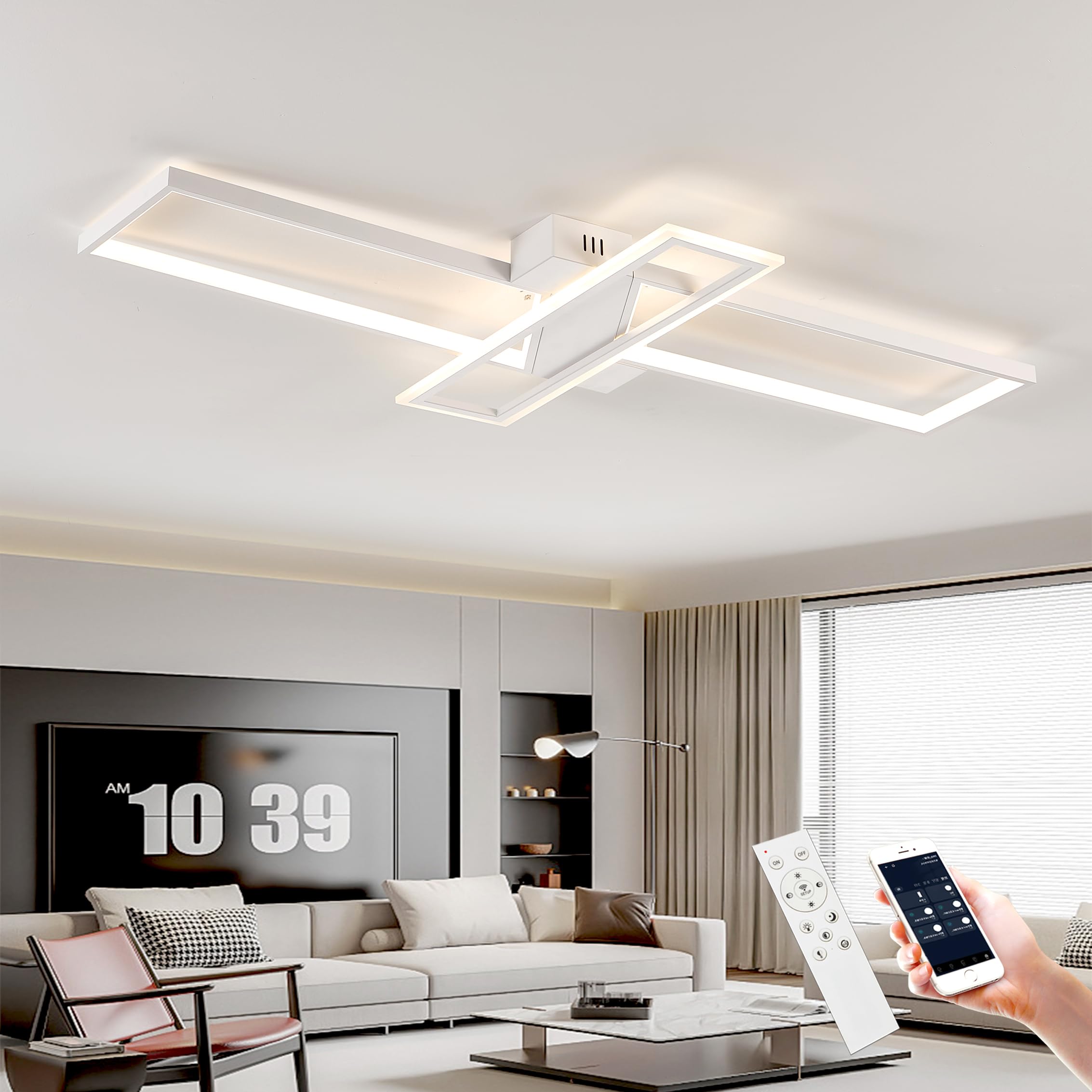 LED Deckenleuchte Dimmbar Wohnzimmer Deckenlampe mit Fernbedienung APP, 3000K-6000K, 74W Weiß Wohnzimmerlampe Schlafzimmer Lampe Rechtecke Modern Deckenbeleuchtung Nachtlicht und Timerfunktion