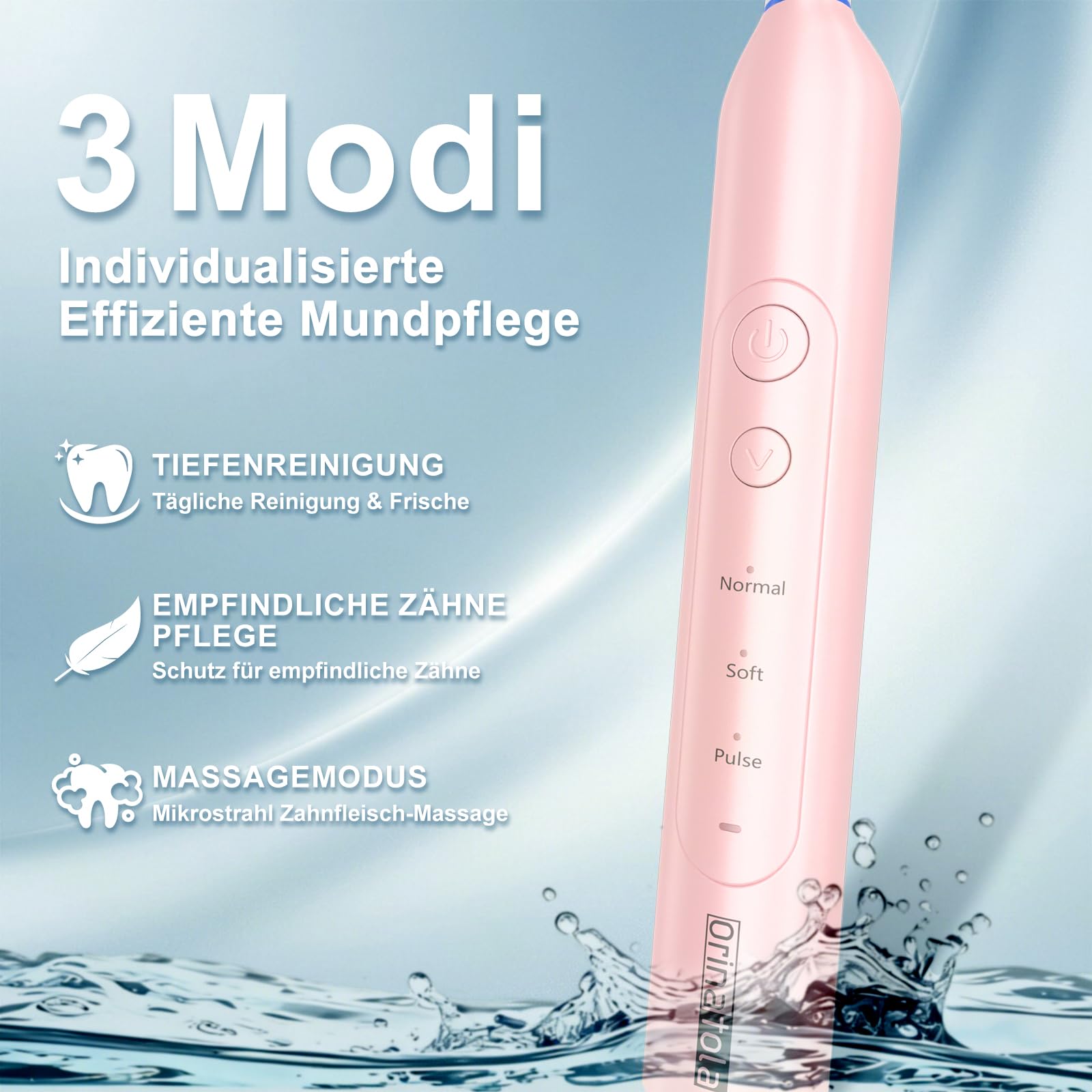 Spazzolino elettrico da denti, con 8 testine di ricambio, custodia da viaggio e 3 modalità di pulizia per la cura dei denti, impermeabile IPX7, spazzolino elettrico da denti da viaggio, rosa