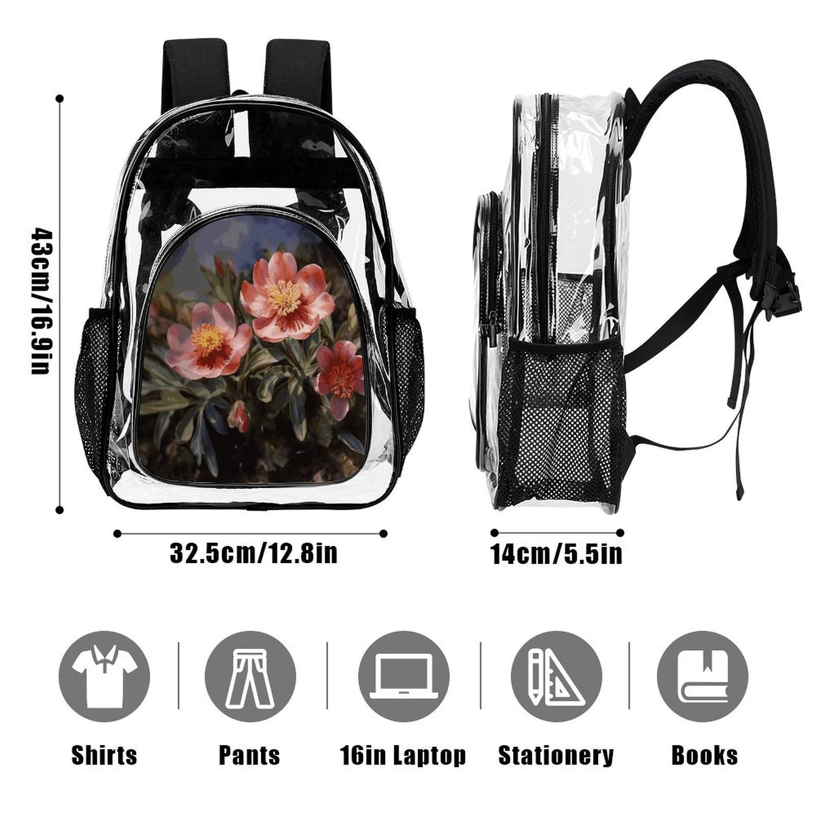 Transparenter Rucksack mit Frühlingsblumen, groß, transparent, PVC, Büchertasche für Sicherheit, Arbeit, Reisen, Stadion