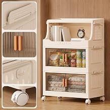 Stackable Storage Cabinet with Wheels, Clear Door Organizer Three Floors