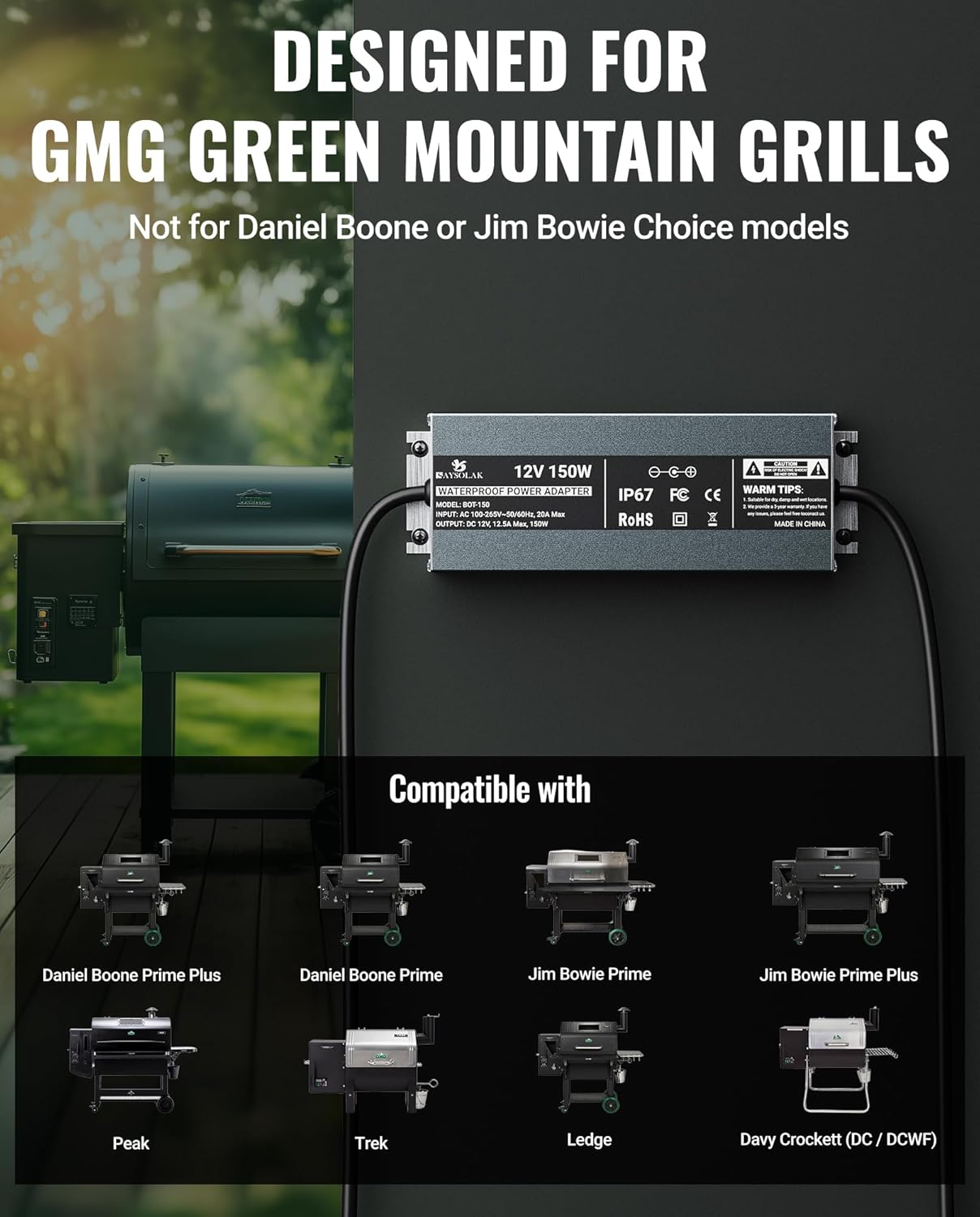 12V 12.5A Waterproof Power Supply for Green Mountain Grill Davy Crockett, Daniel Boone Prime/Plus, Jim Bowie Prime/Plus, Ledge, Peak, Trek, 18Ft Power Adapter Replacement for 12V GMG Grills