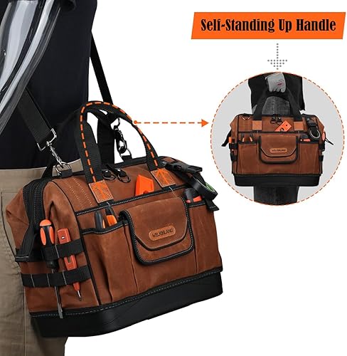 Miniatura 6 de WELKINLAND Bolsa de herramientas de fondo duro de 22 bolsillos, Bolsa de herramientas de lona encerada de 14 pulgadas, Bolsas de electricista