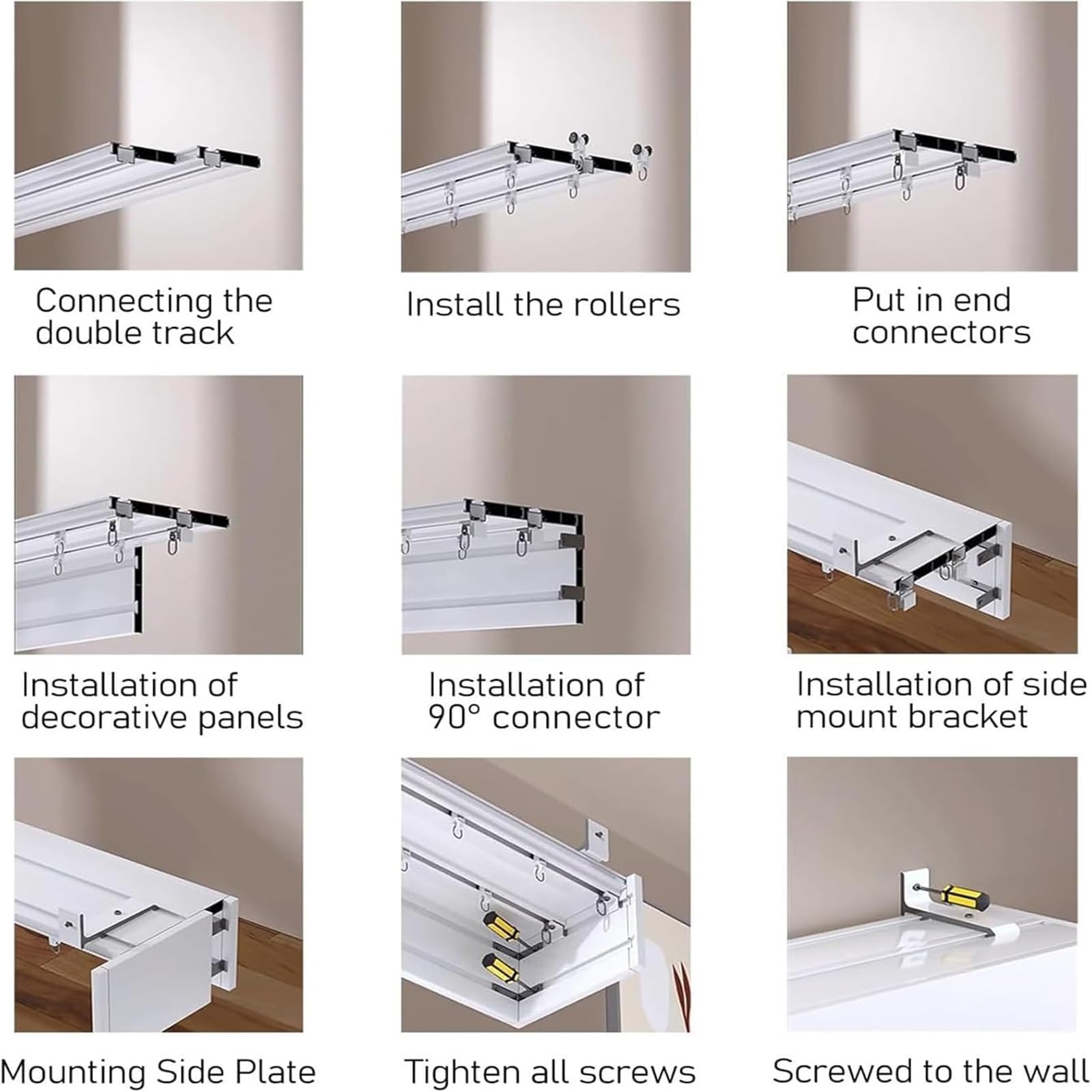 Deckenmontiertes Vorhangschienensystem mit Volant-Set für Raumteiler in Wohnzimmer, Schlafzimmer, Hotel und Villa