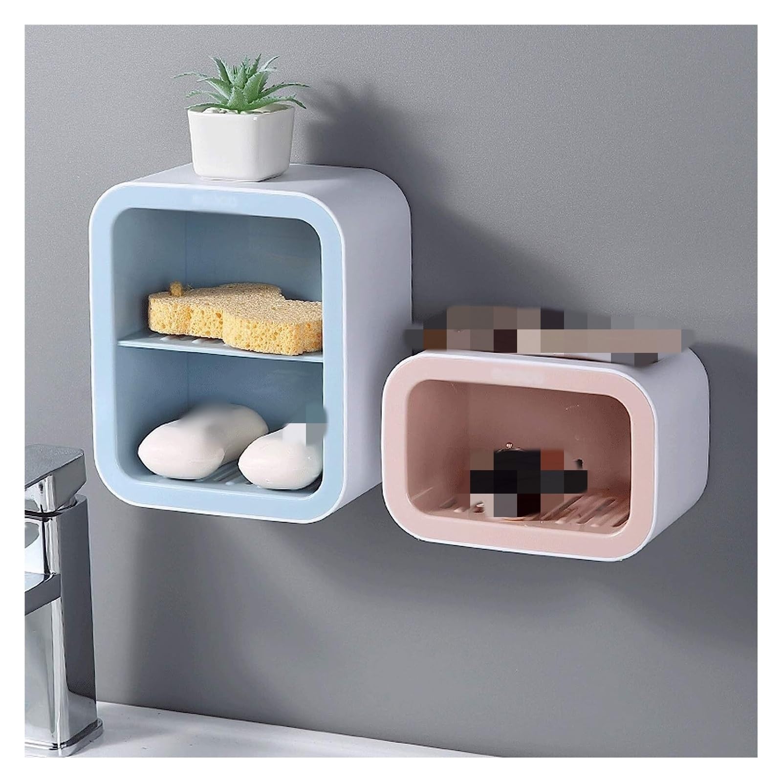 Jabonera La jabonera de drenaje de plástico montada en la pared puede ahorrar espacio y el recipiente de jabón de múltiples capas en el baño se puede utilizar en familias, hoteles,(Blu,Double layer)