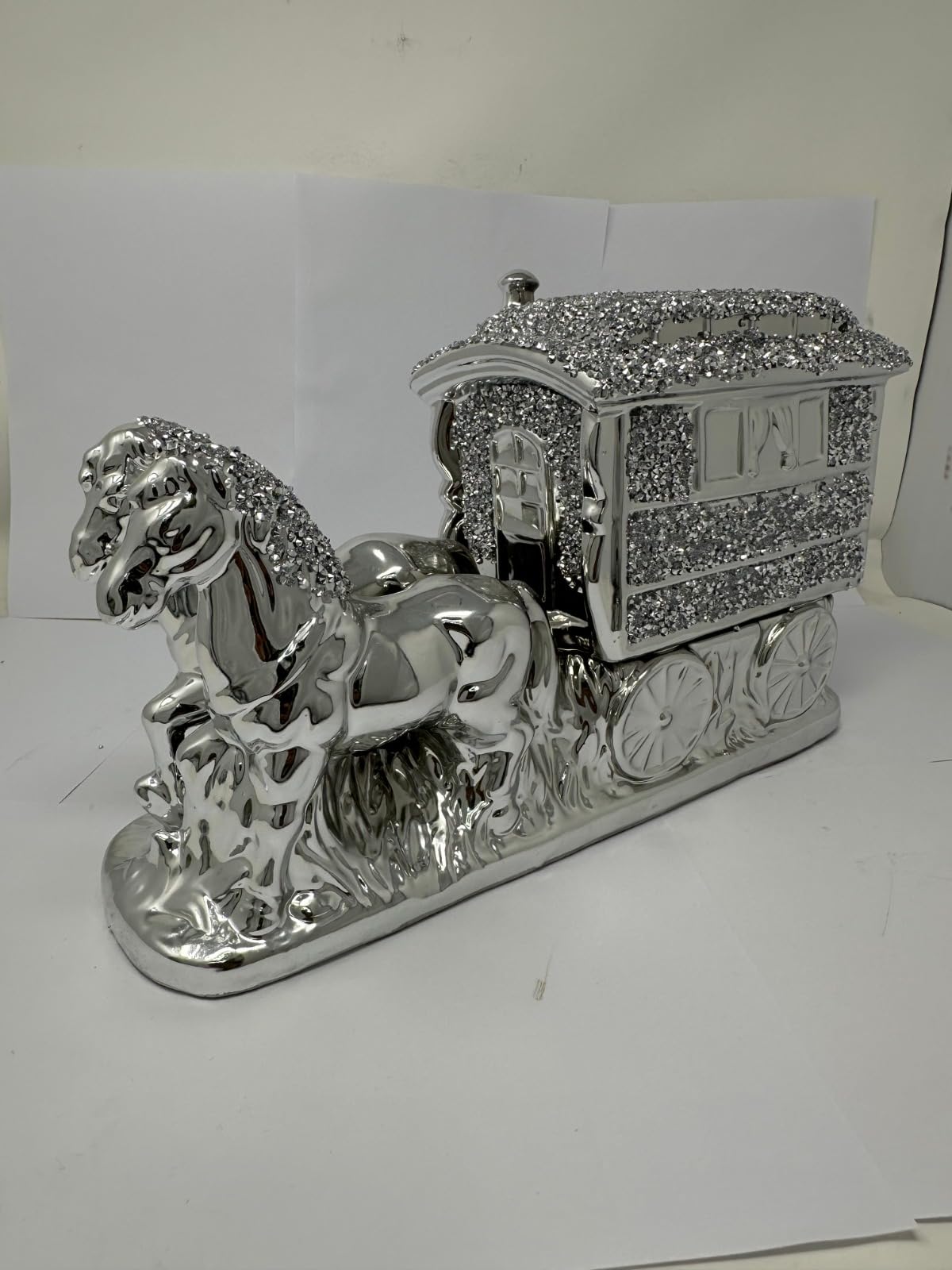 HORSE WITH WAGON GYPSY CRUSHED DIAMOND CARRIAGEORNAMENT SHELFSITTER BLING 37cm Leght