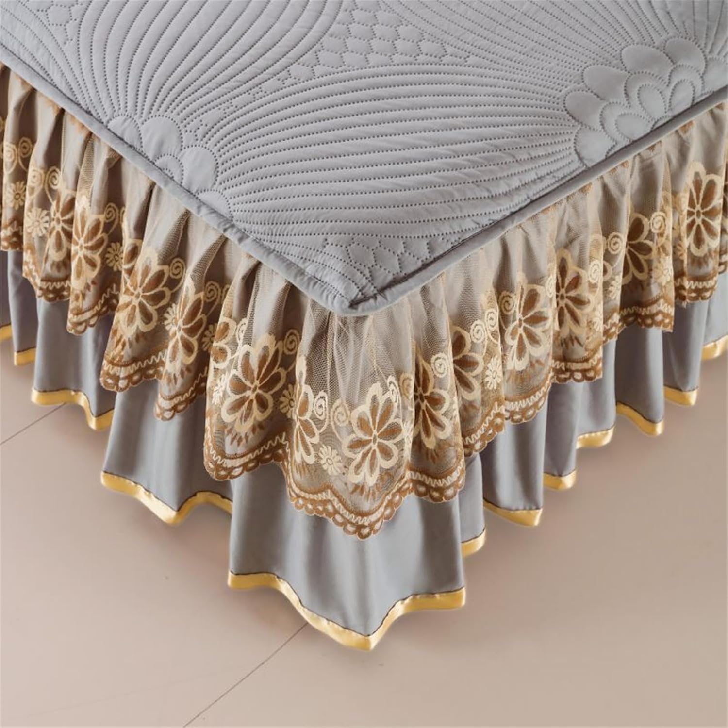 Drap-housse 90x200cm gris avec jupe de lit à volants en microfibre