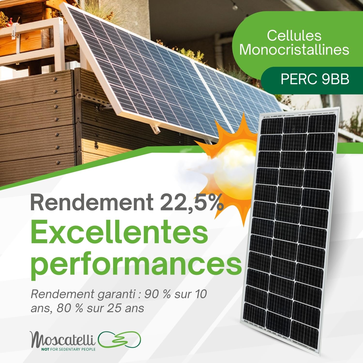 MOSCATELLI 100W Panneau Solaire Monocristallin pour Batteries 12V - Demi-Cellules à très Haute Performance PERC 9BB 166 x 75 - Tension 21V