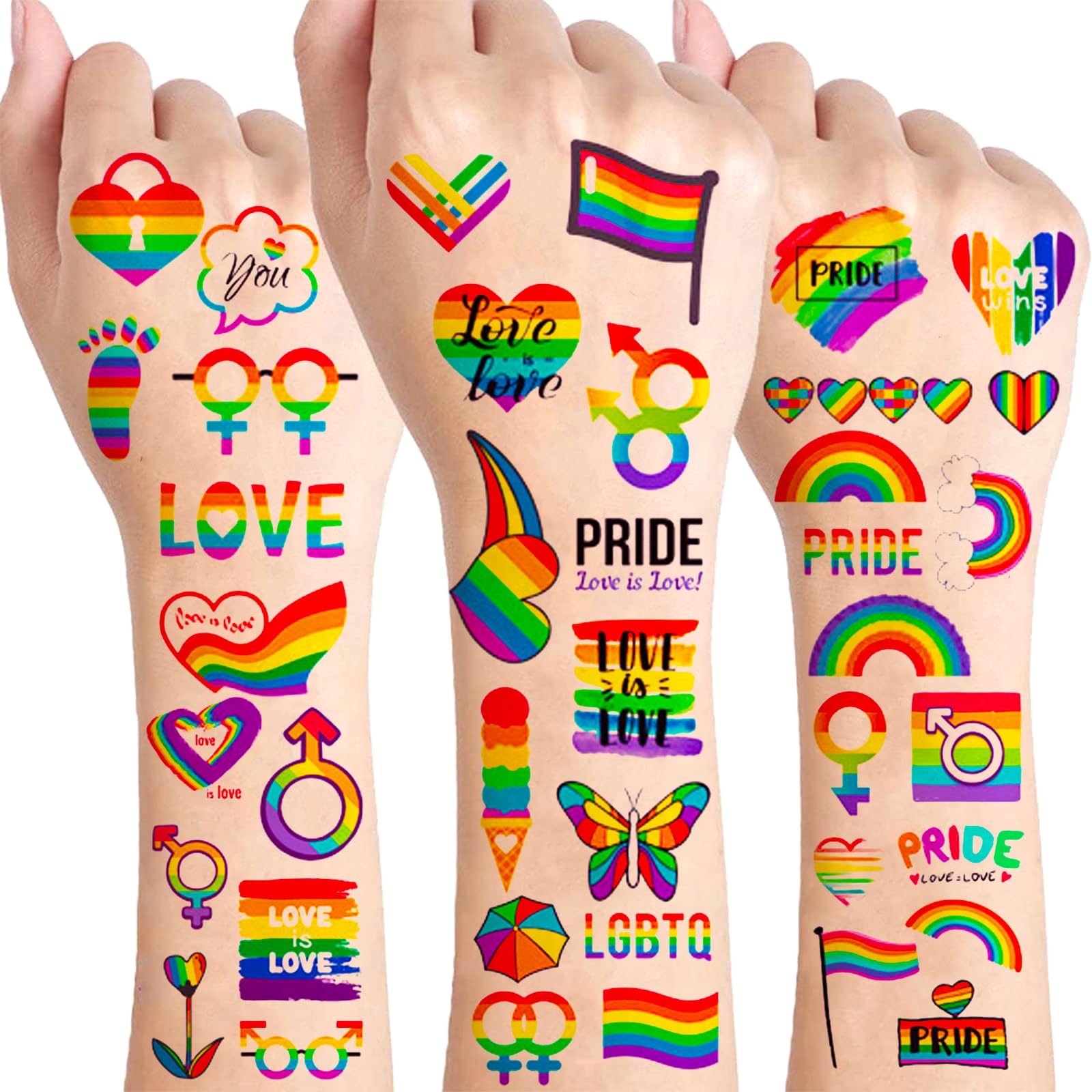 80+Pcs LGBT Gay Pride Decorations Temporary Tattoos For Women Men Adults,Rainbow Temp Body Face Tattoo Stickers Butterfly Love Is Love Heart Pride