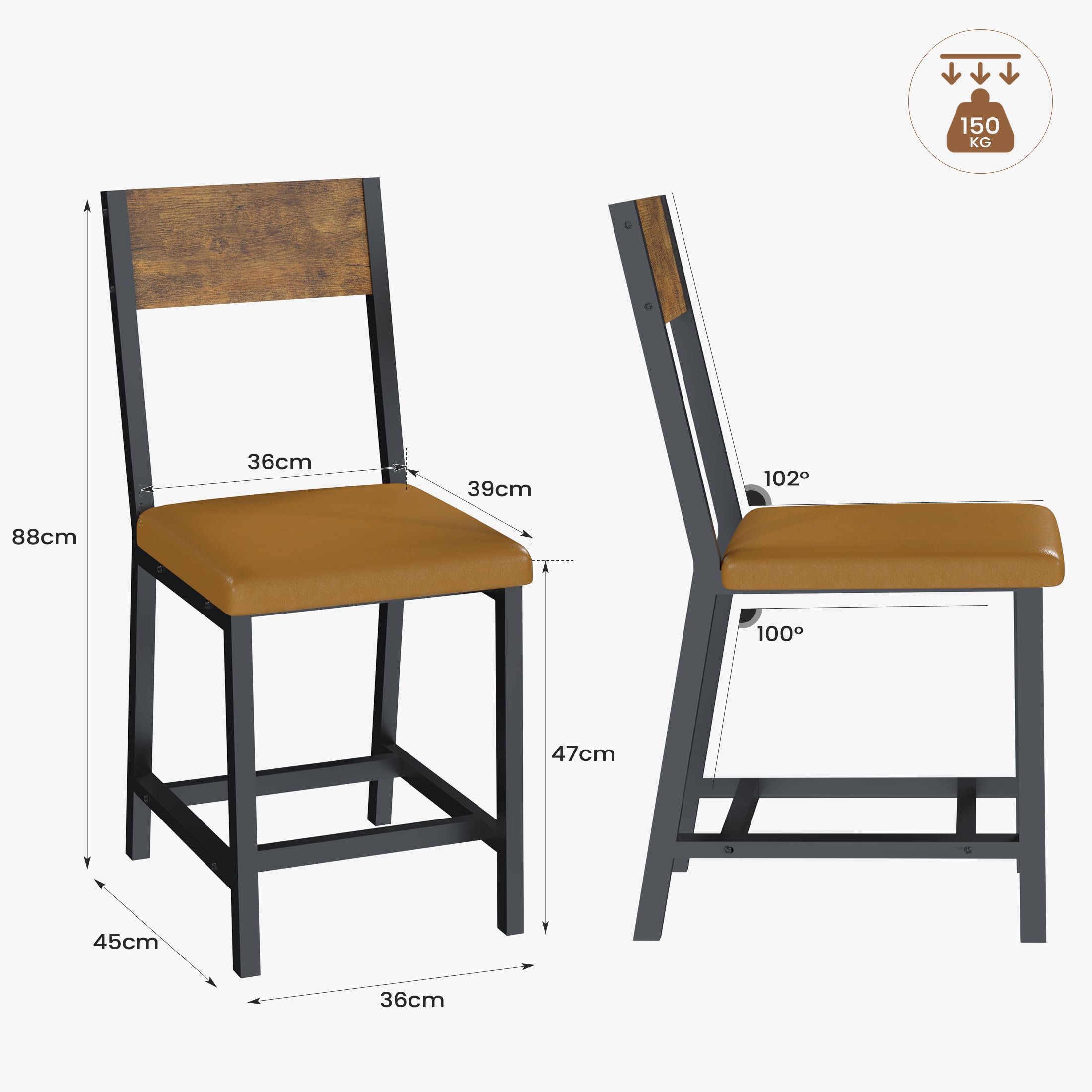 YOUDENOVA Esszimmerstühle 4er Set, Stabiles Metallgestell, Bequeme Küchenstühle mit Rückenlehne, Geeignet für Wohnzimmer, Esszimmer, Vintage-Braun, mit Polsterung, bis 150 kg Belastbar