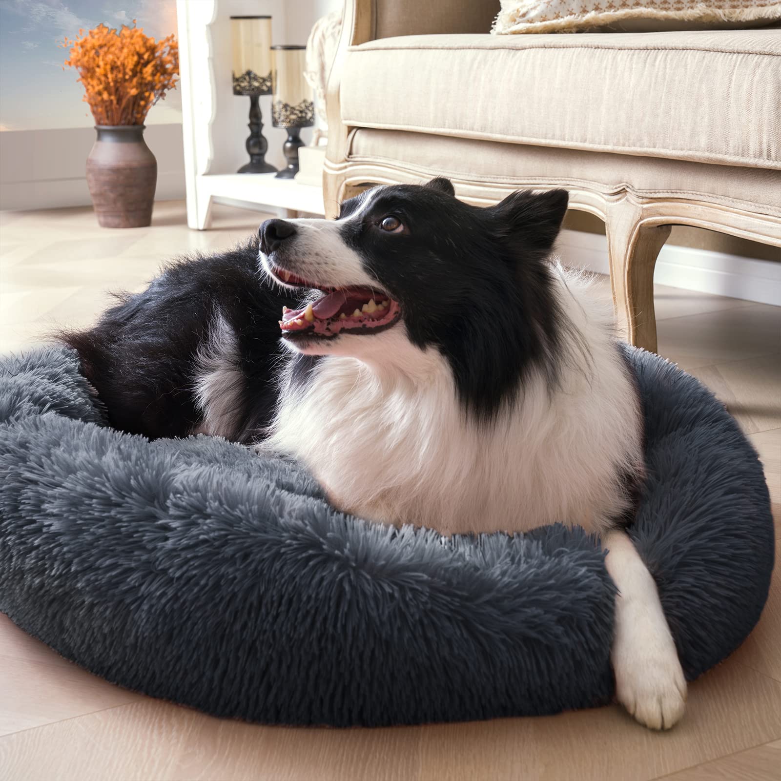 Calming Dog Bed for Large Dogs, Anti Anxiety Donut Dog Bed, Round Dog Bed, Plush Faux Fur Dog Bed, Fluffy Dog Bed, Soft Cozy Pet Bed, Machine Washable, 36x36inch Darkgrey