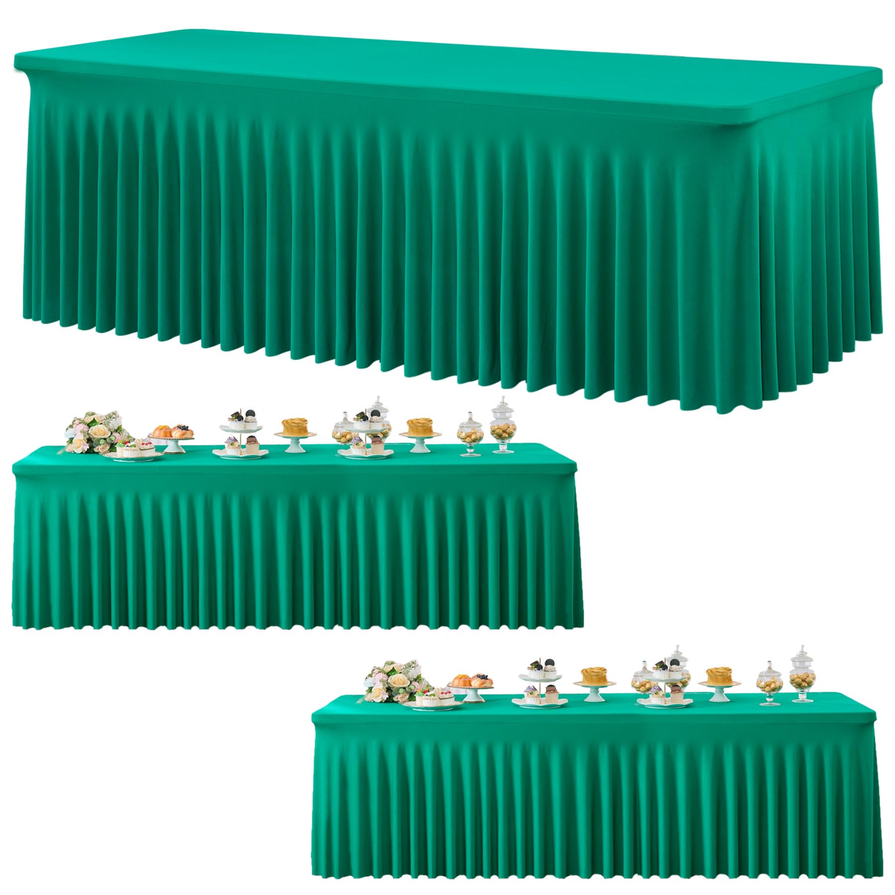 3 Pack Emerald Green Spandex Tablecloth for 8 Foot Rectangle Tables, Wrinkle Free Fitted Table Cloth Cover 8ft Green Stretchy Tablecloths with Skirt for Parties Weddings Birthday Banquet Baby Shower