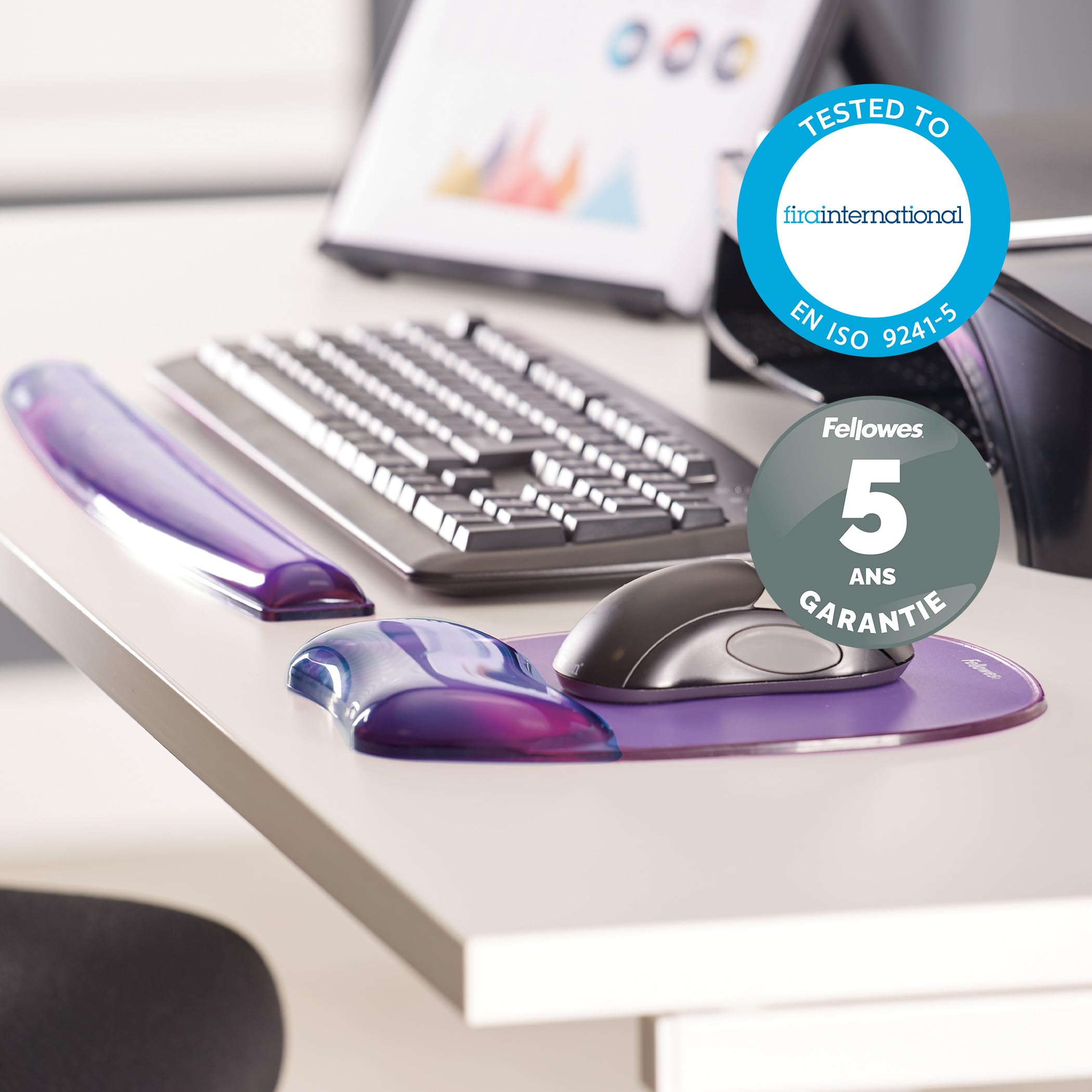Fellowes 91441 Tapis de Souris Repose-Poignet Ergonomique Crystal Gel Violet & 91437 Repose-Poignets Ergonomique pour Clavier Crystal Gel Violet