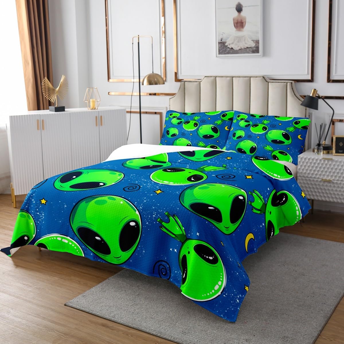 Manfei Cute Alien Kids Bedspread Twin Size,Starry Sky Galaxy Outer Space Coverlet Set,Boys Girls Room Decor,Psychedelic Spacecraft Quilted Coverlet,Blue Green Bedding Quilt,1 Pillowcase