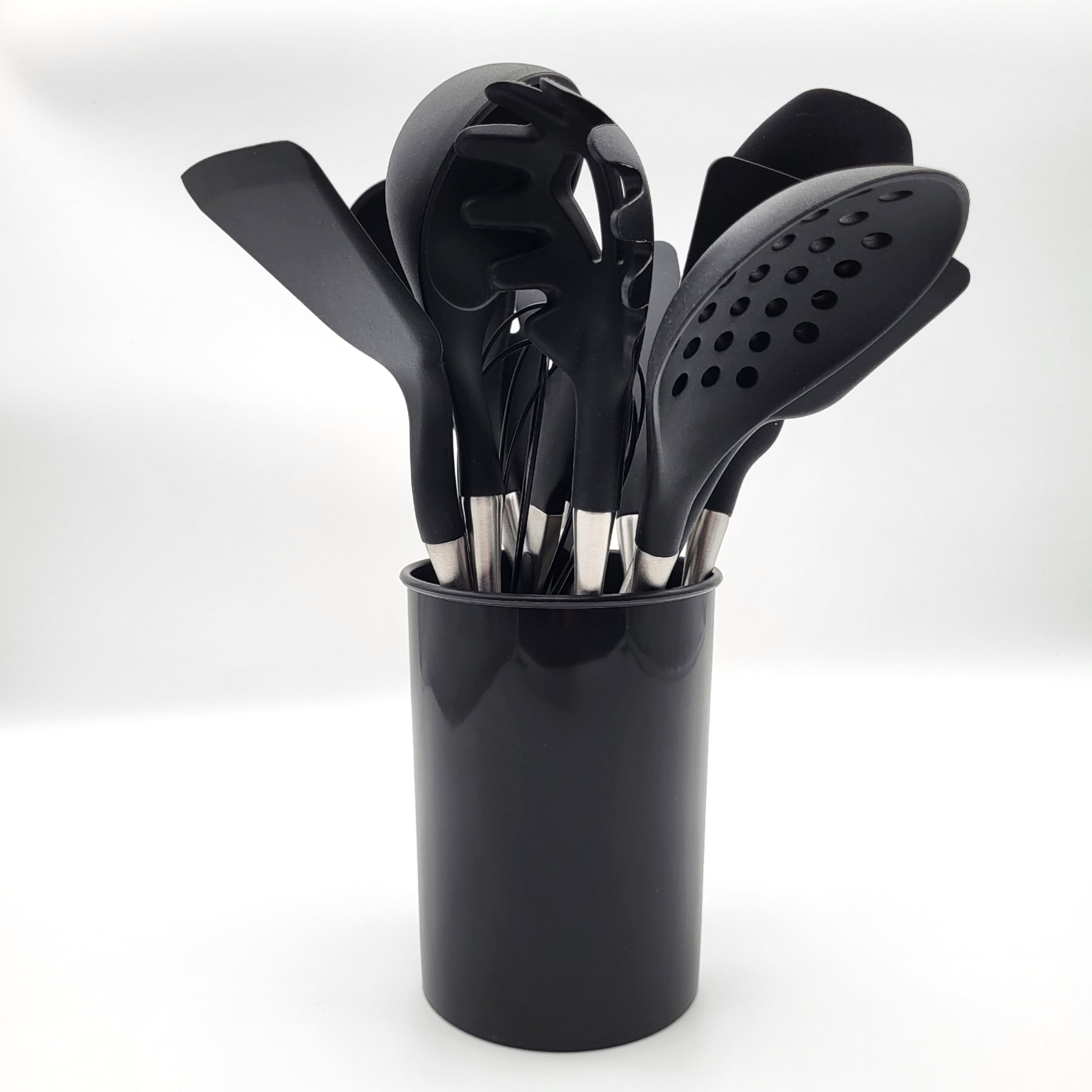 BWG Premium Küchenhelfer Set Edelstahl - Silikon12-teilig, Kochbesteck, Kochutensilien, Set aus hochwertigem Silikon in Schwarz, Griffe in elegantem Design, hitzebeständig.