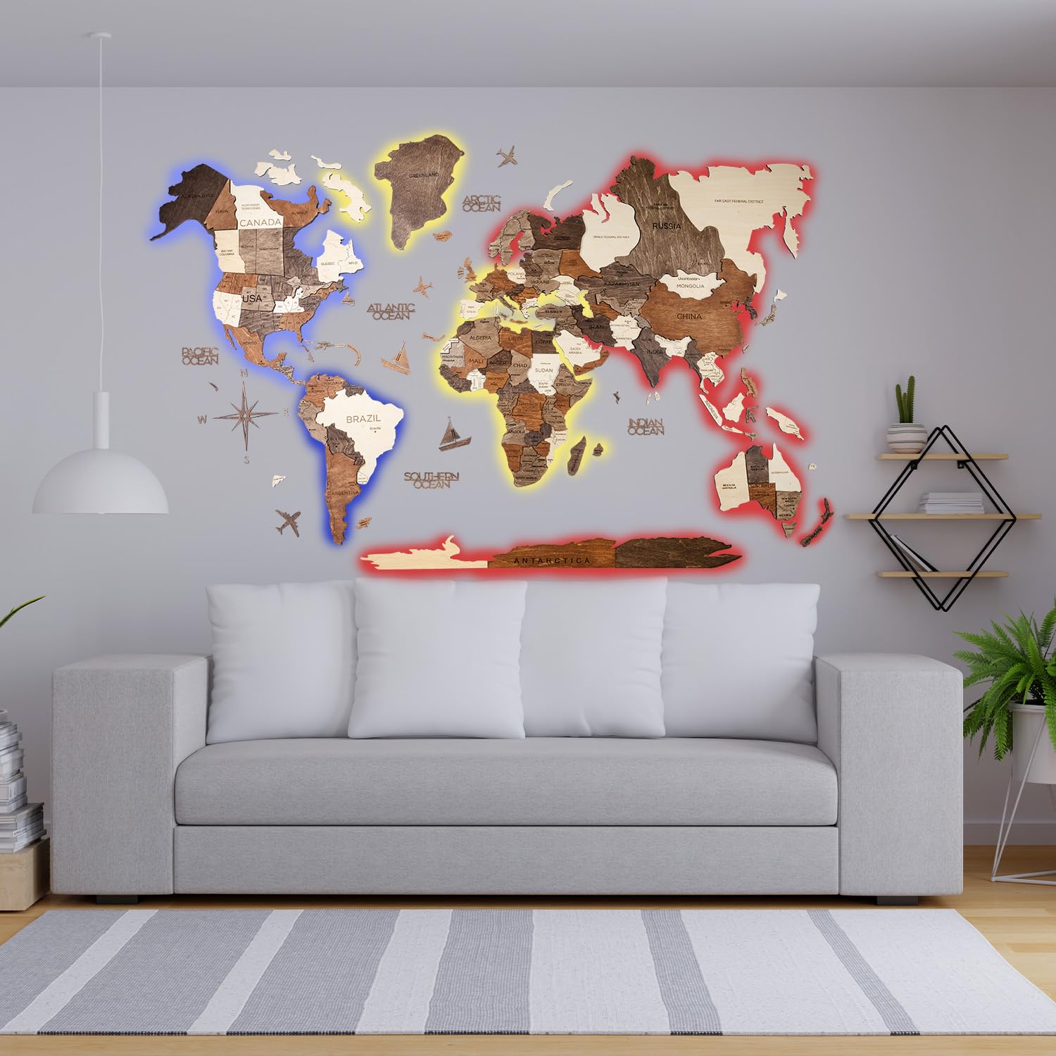 Enjoy The Wood 3D LED Wooden World Map Wall Art - Illuminated Wooden Map Decor for Home, Office, Bedroom - Stylish and Handcrafted LED Art Piece (Multicolor, L (150 x 90cm))